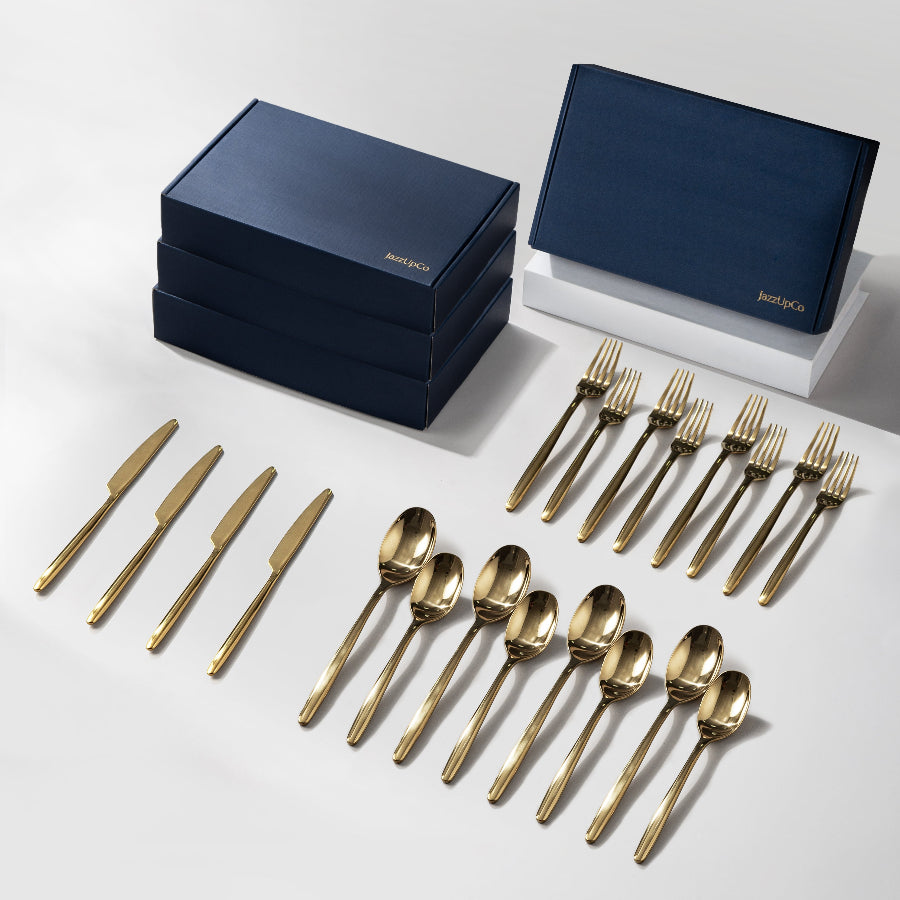 Ava Flatware Mirror Finish-Flatware-JazzUpCo-Mirror Gold-16 Person Set (80 Pieces)-JAZZUPCO