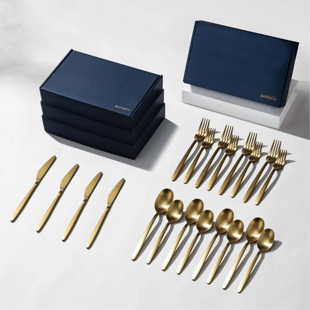 Tia Flatware-Flatware-JazzUpCo-Matte Gold-16 Person Set (80 Pieces)-JAZZUPCO