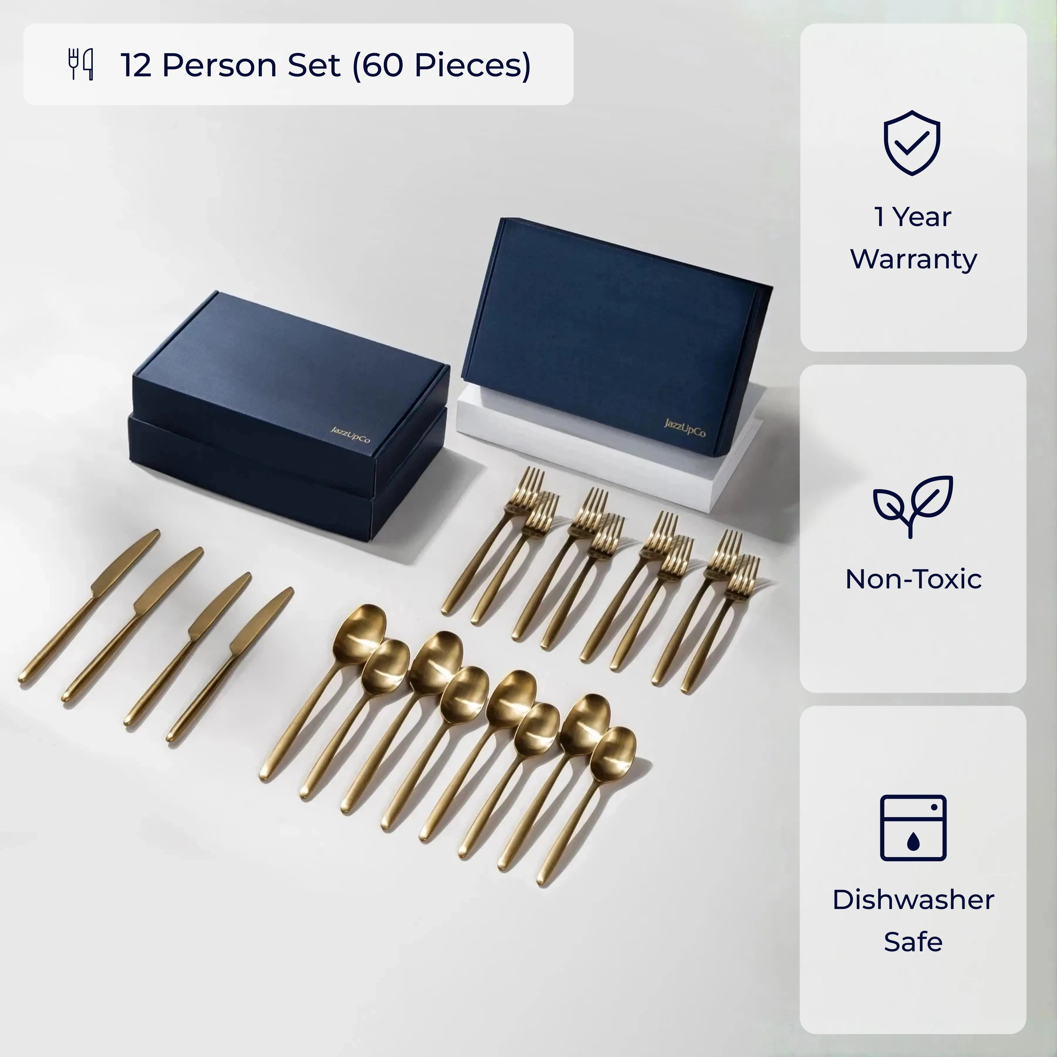 Ava Flatware-Flatware-JazzUpCo-Matte Gold-12 Person Set (60 Pieces)-JAZZUPCO