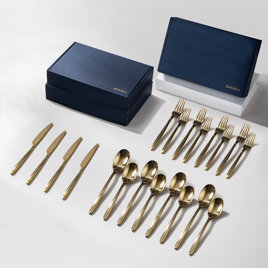 Ava Flatware Mirror Finish-Flatware-JazzUpCo-Mirror Gold-12 Person Set (60 Pieces)-JAZZUPCO