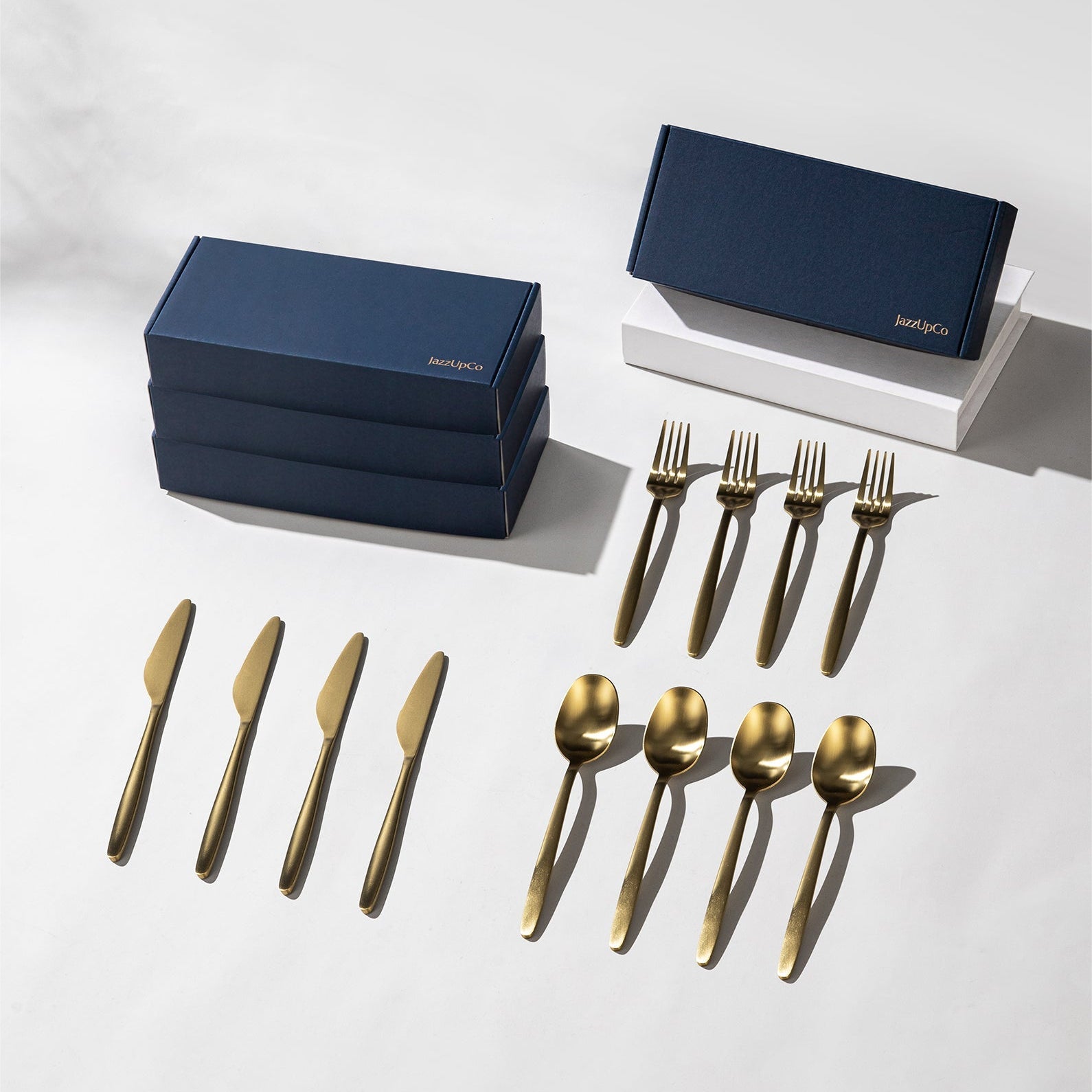 Tia Starter Set-Flatware-JazzUpCo-Matte Gold-16 Person Set (48 Pieces)-JAZZUPCO