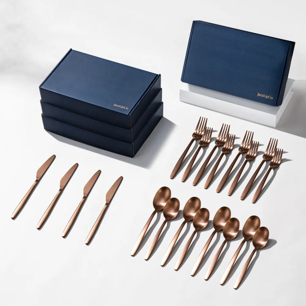 Tia Flatware-Flatware-JazzUpCo-Matte Rose Gold-16 Person Set (80 Pieces)-JAZZUPCO