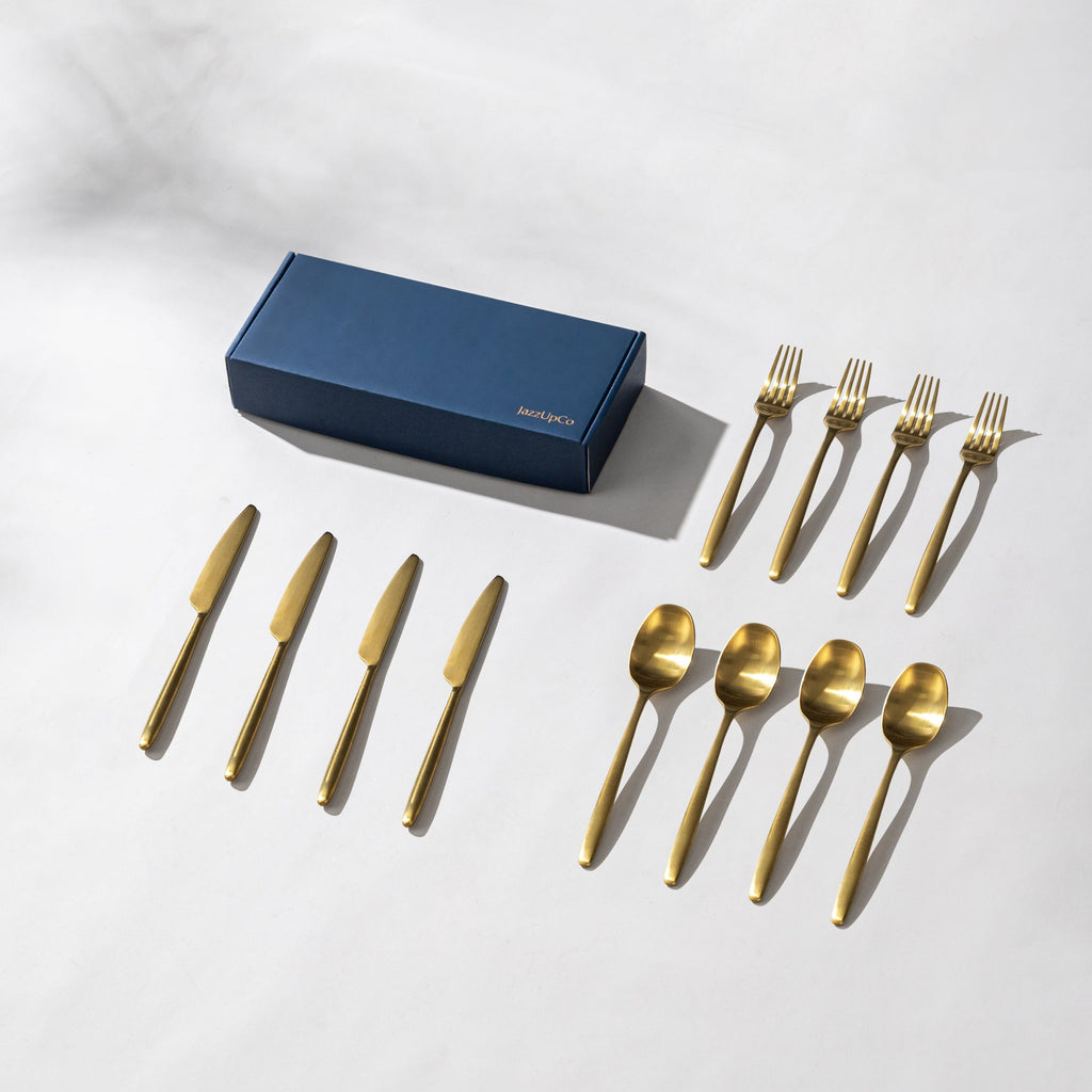 Ava Cutlery Set-Flatware-JazzUpCo-Matte Gold-4 Person Set (12 Pieces)-JAZZUPCO