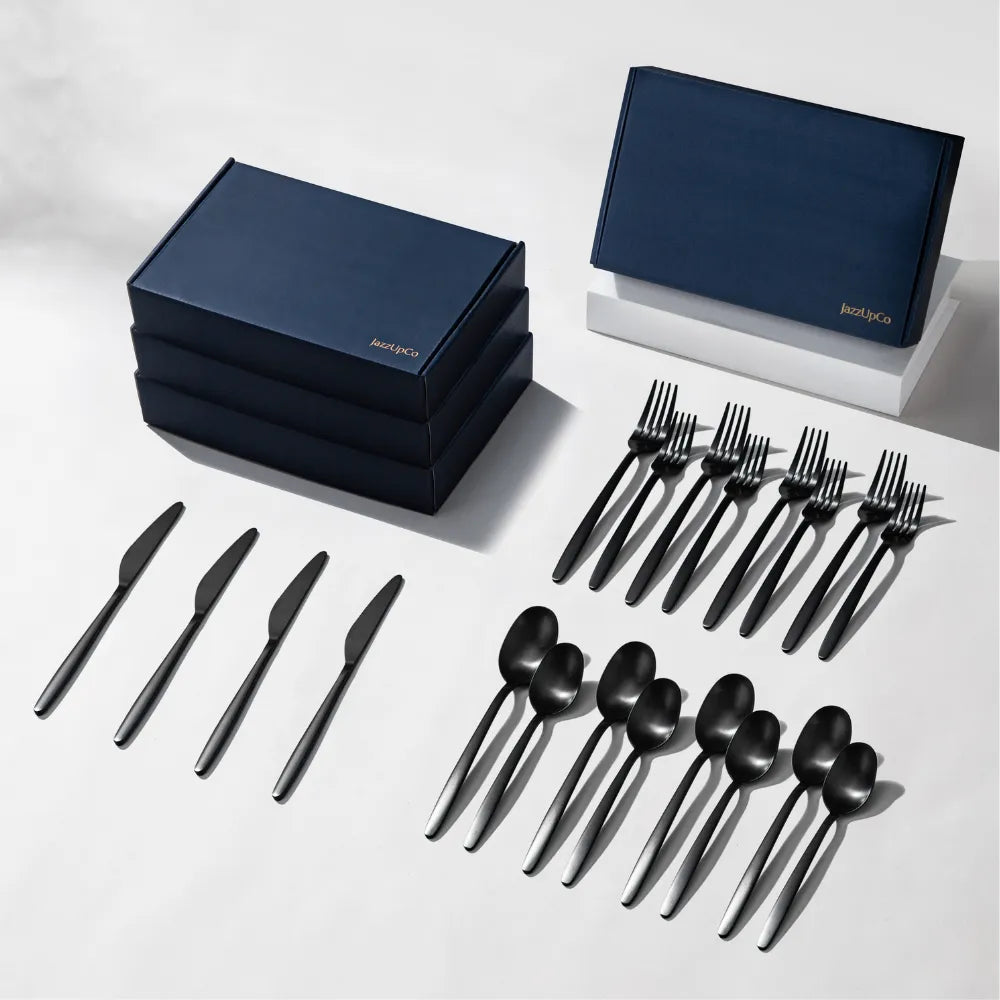Tia Flatware-Flatware-JazzUpCo-Matte Black-16 Person Set (80 Pieces)-JAZZUPCO