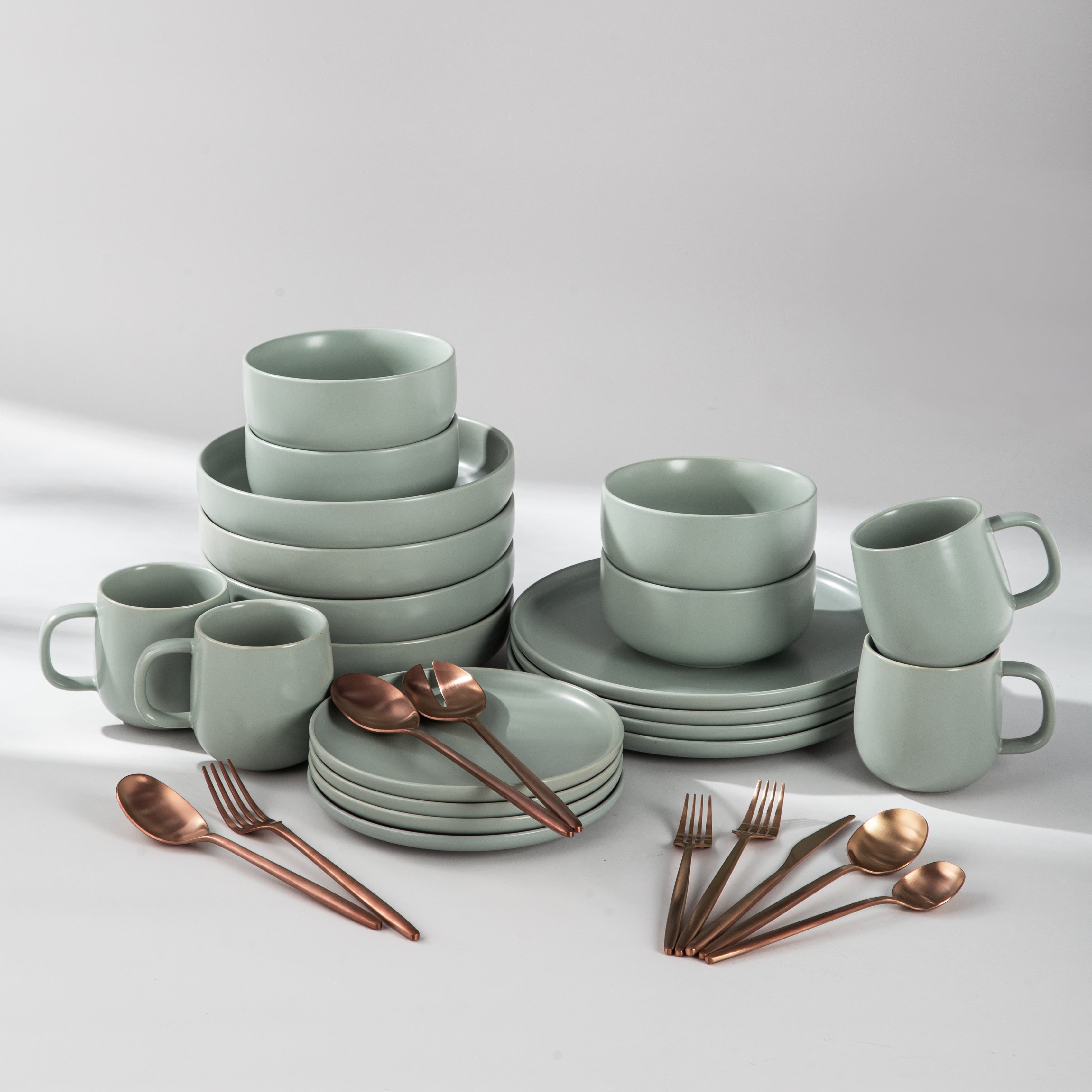 Ultimate Dinnerware Set-JAZZUPCO-Matte Sage Green-Minimalist Flatware 2.0-Matte Rose Gold-JAZZUPCO