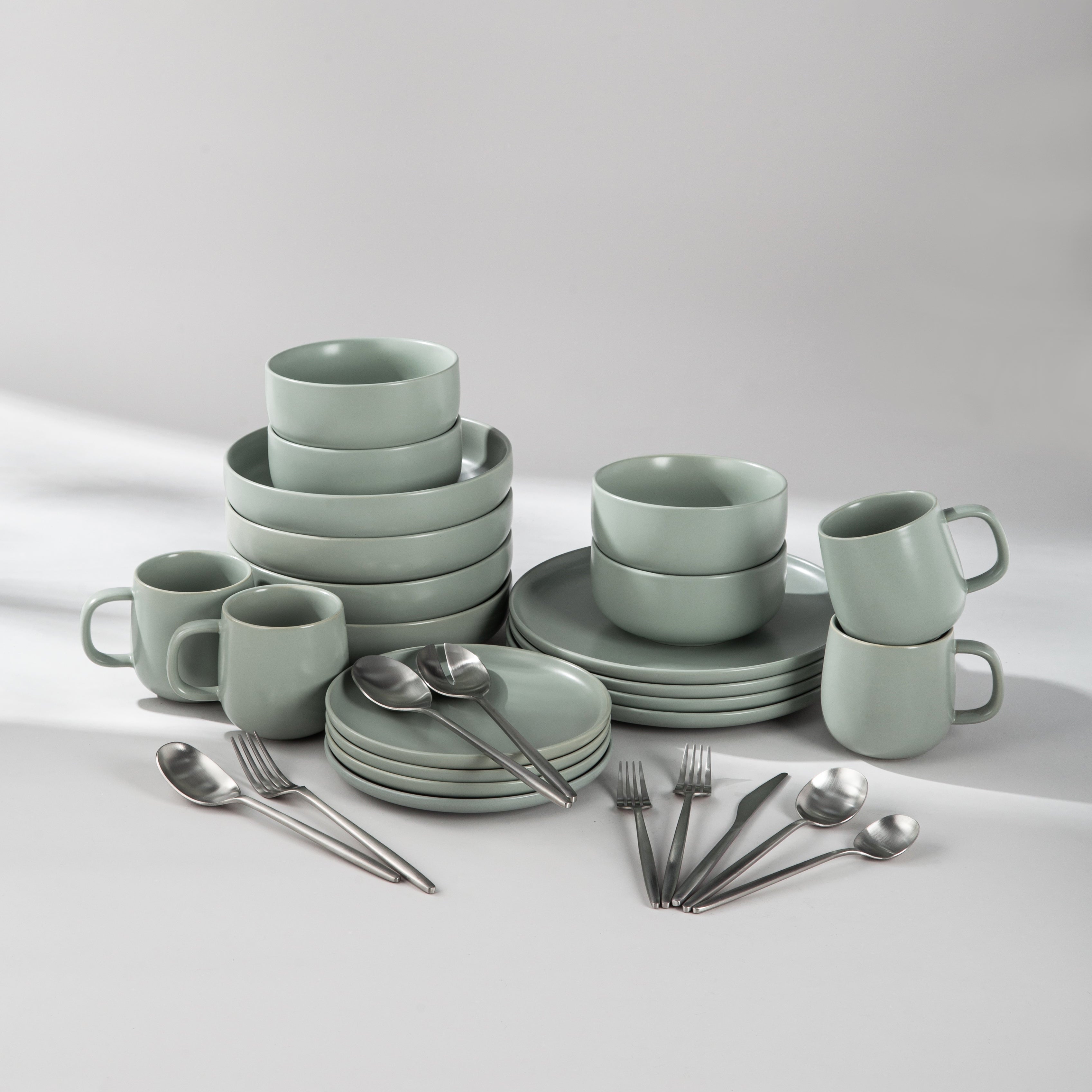 Ultimate Dinnerware Set-JAZZUPCO-Matte Sage Green-Minimalist Flatware 2.0-Matte Silver-JAZZUPCO