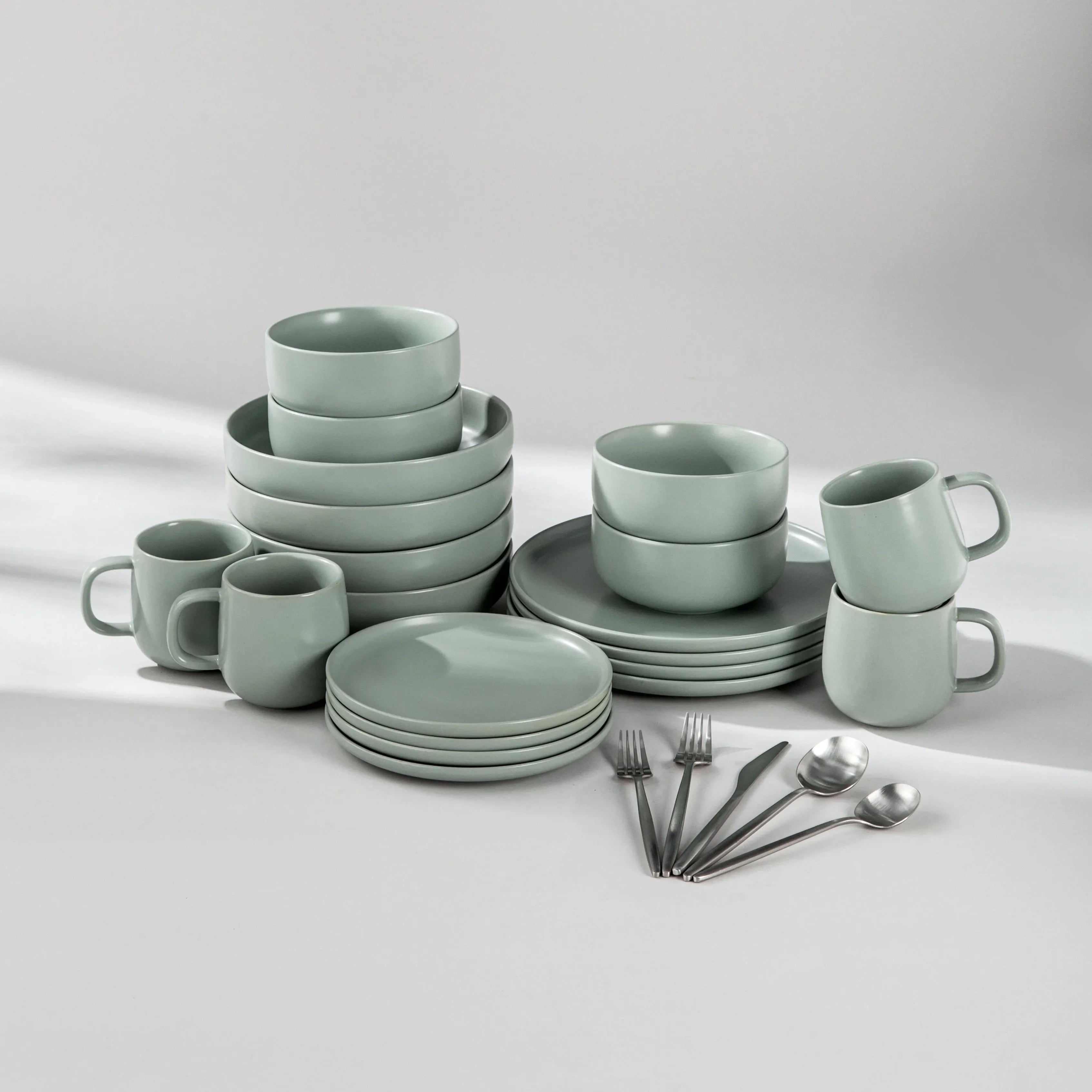 Dinnerware Set Bundle-JAZZUPCO-Matte Sage Green-Minimalist Flatware 2.0 - Matte Silver (4 Person Set)-JAZZUPCO