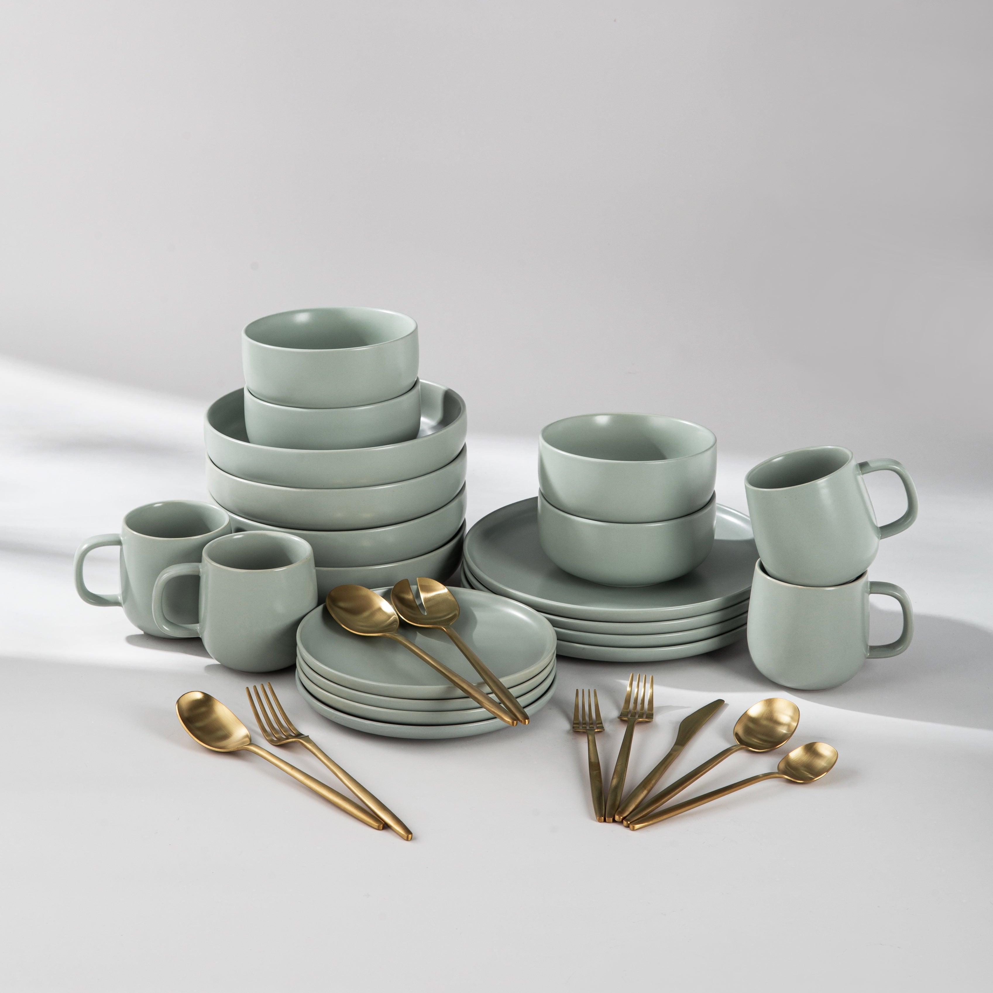 Ultimate Dinnerware Set-JAZZUPCO-Matte Sage Green-Minimalist Flatware 2.0-Matte Gold-JAZZUPCO