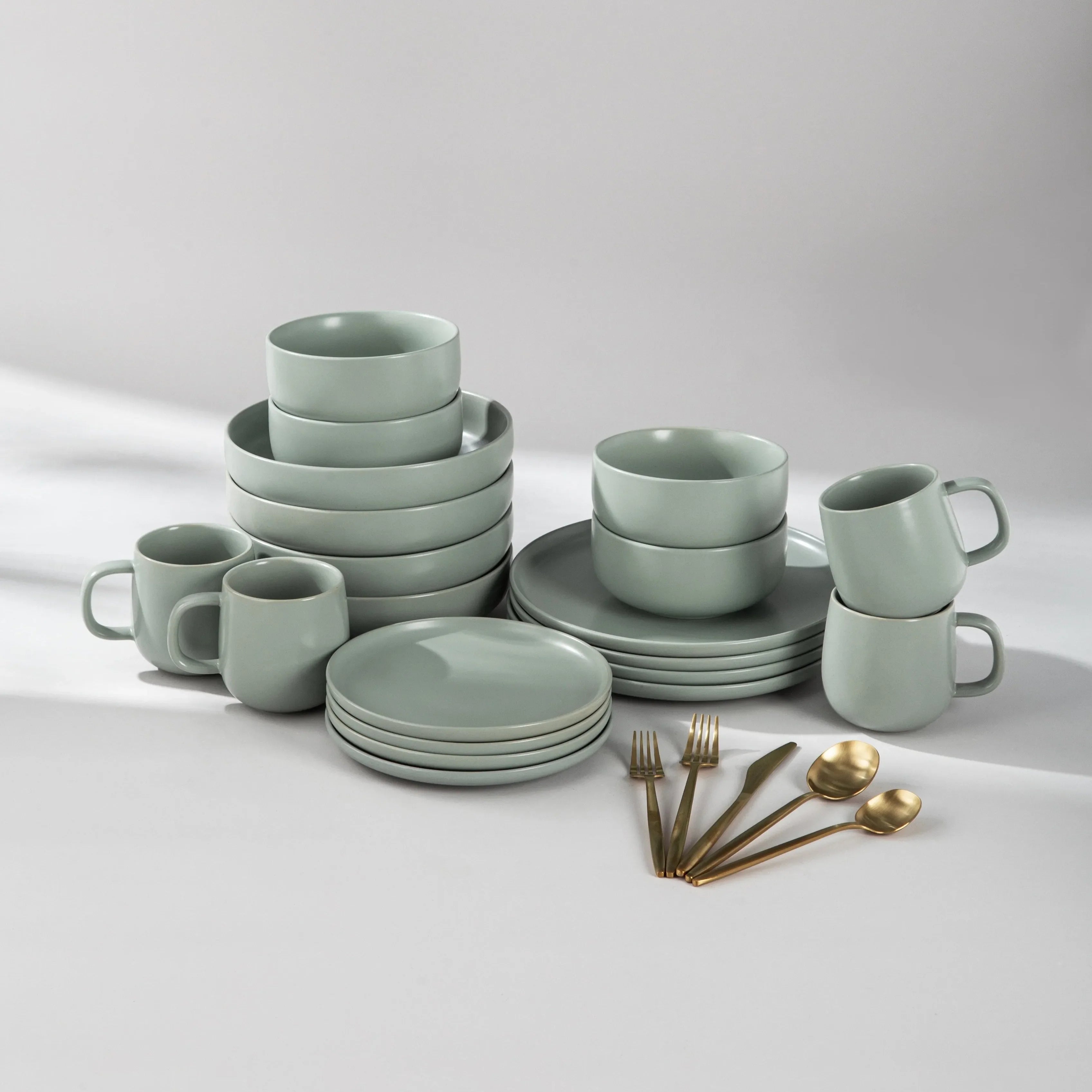 Dinnerware Set Bundle-JAZZUPCO-Matte Sage Green-Minimalist Flatware 2.0 - Matte Gold (4 Person Set)-JAZZUPCO