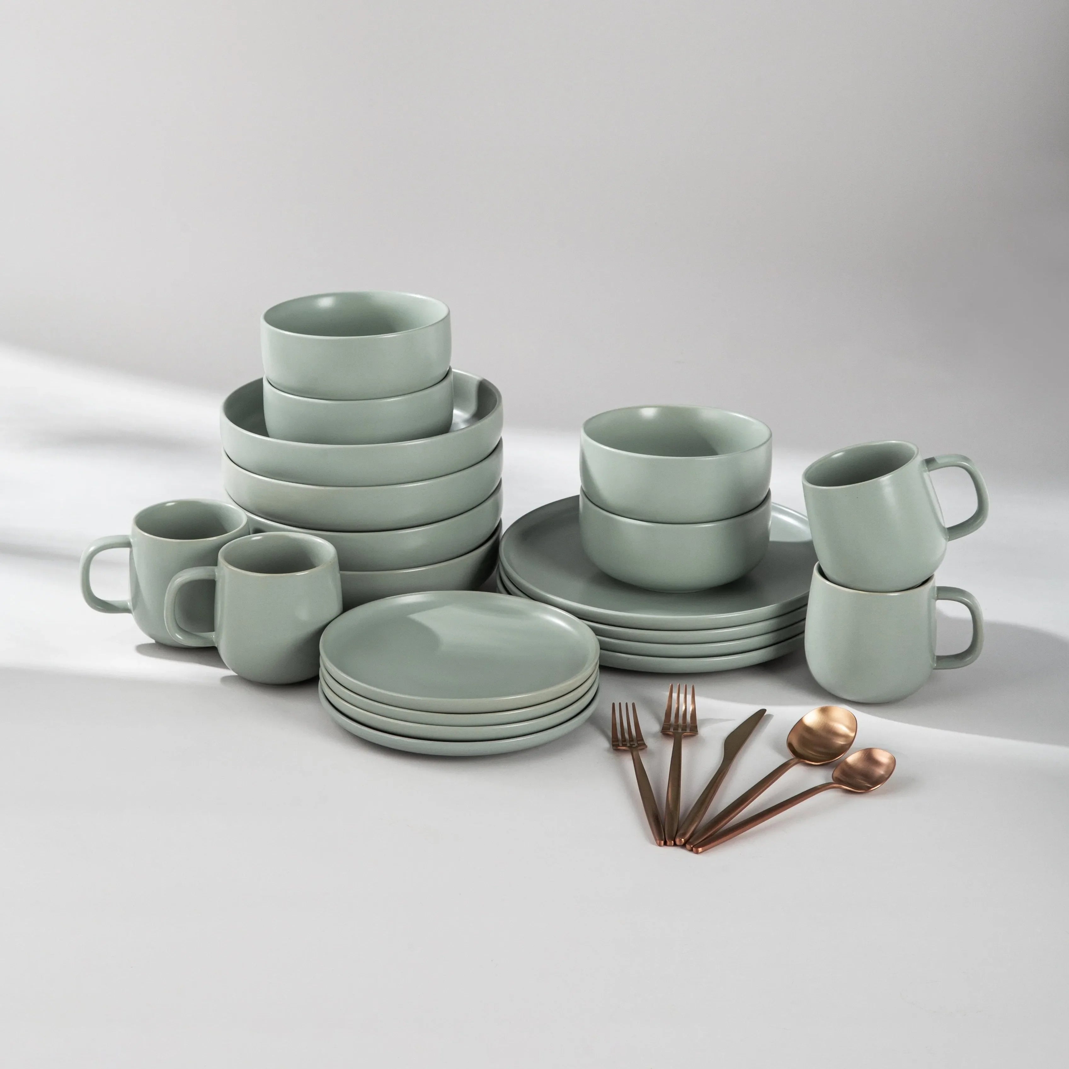 Dinnerware Set Bundle-JAZZUPCO-Matte Sage Green-Minimalist Flatware 2.0 - Matte Rose Gold (4 Person Set)-JAZZUPCO