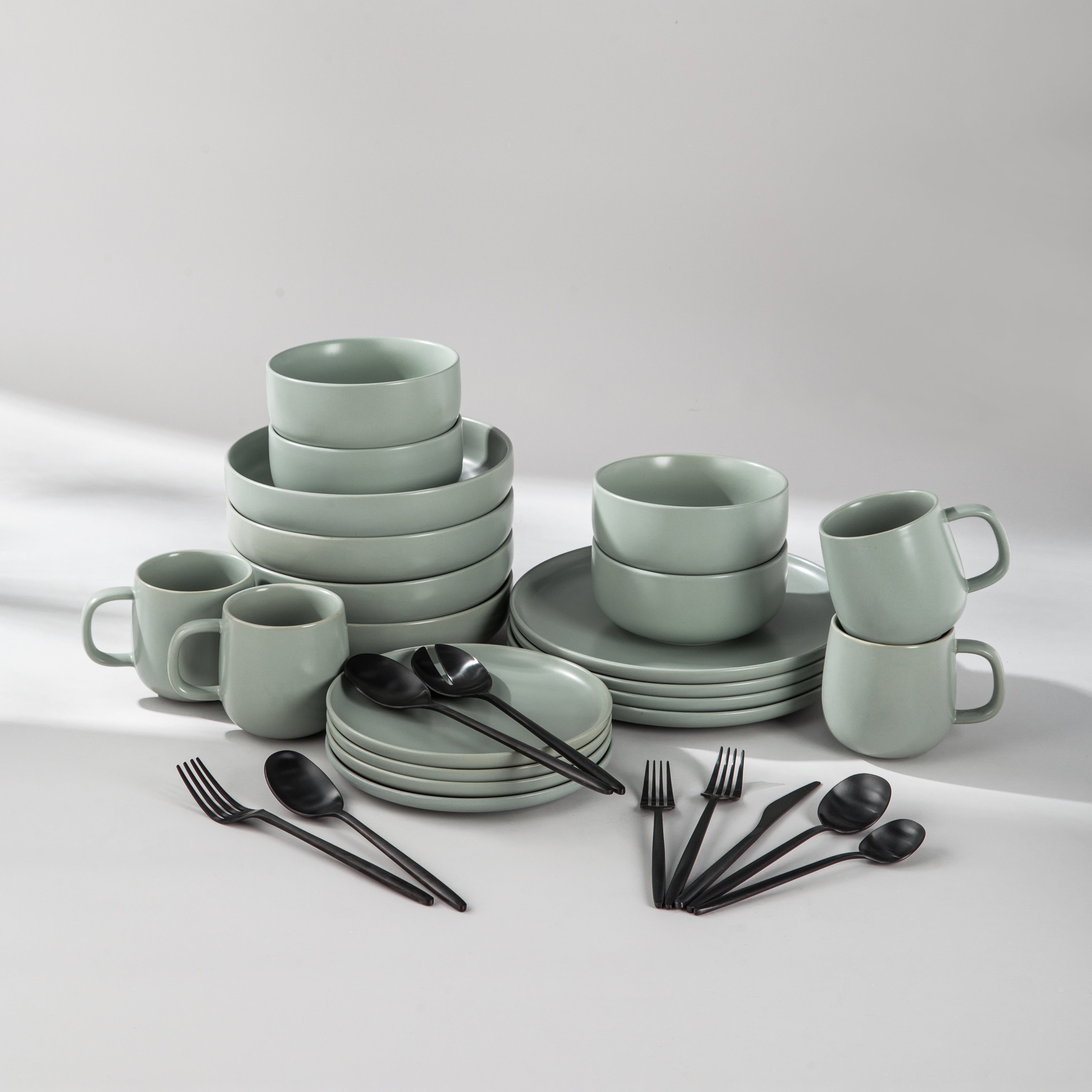 Ultimate Dinnerware Set-JAZZUPCO-Matte Sage Green-Minimalist Flatware 2.0-Matte Black-JAZZUPCO