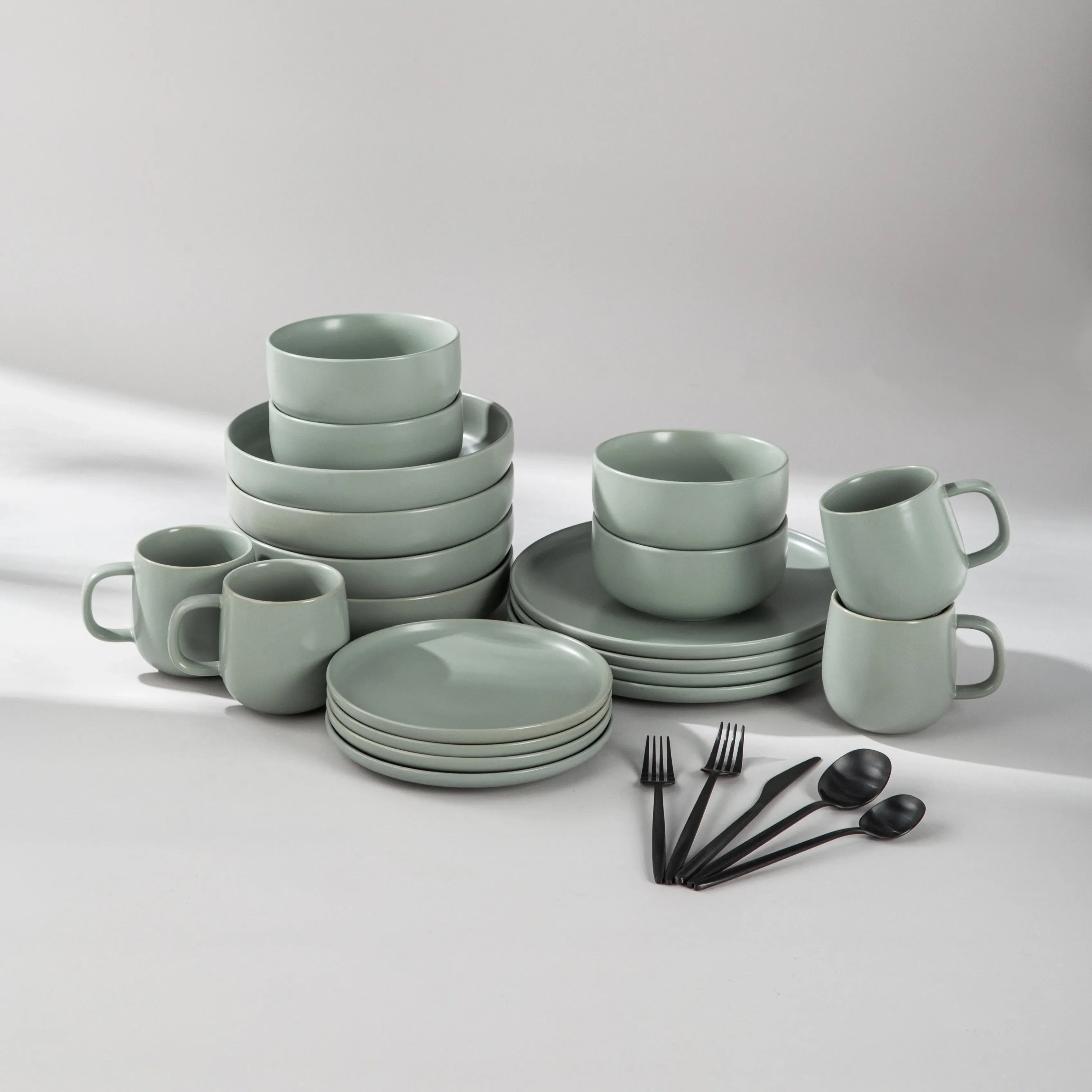 Dinnerware Set Bundle-JAZZUPCO-Matte Sage Green-Minimalist Flatware 2.0 - Matte Black (4 Person Set)-JAZZUPCO