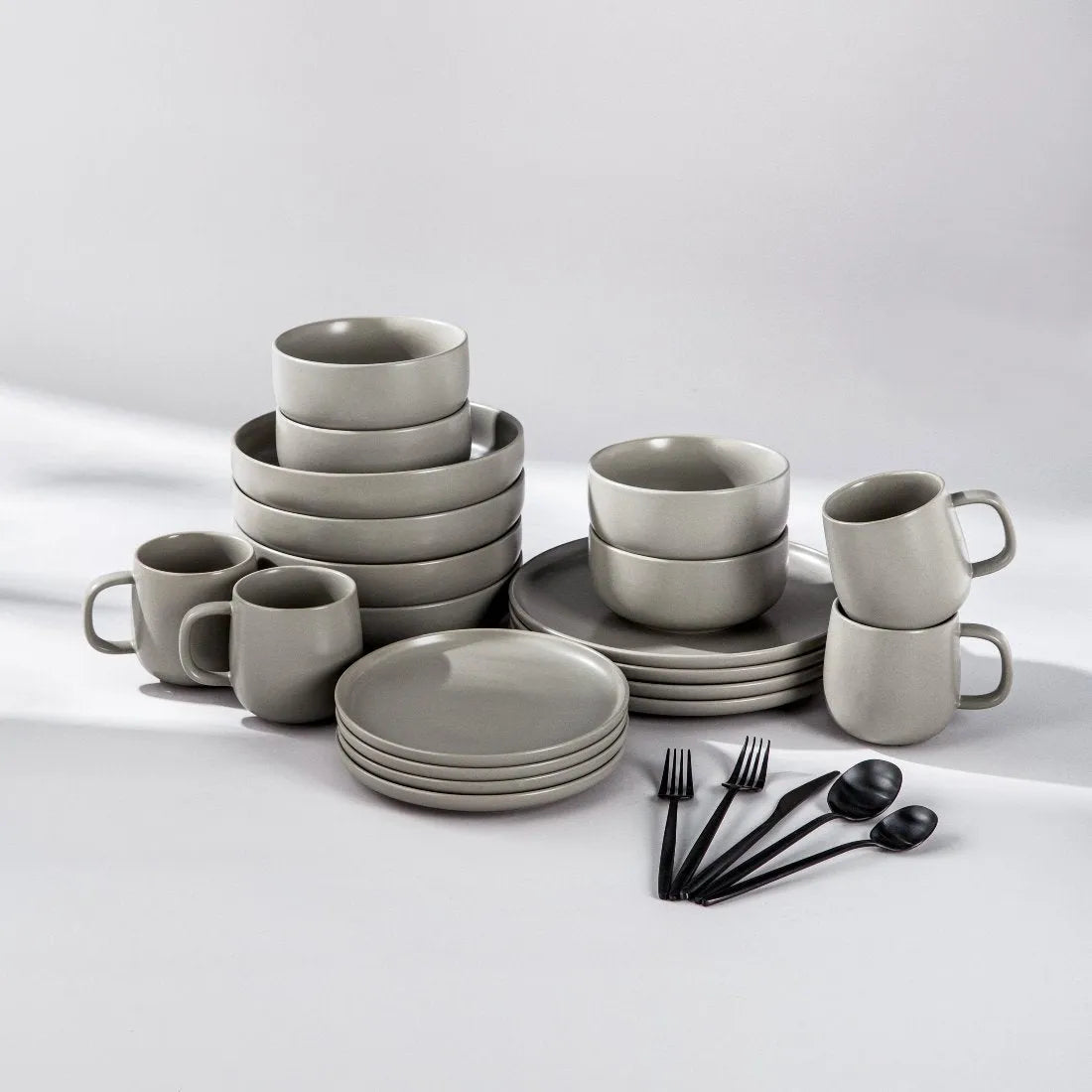 Dinnerware Set Bundle-JAZZUPCO-Matte Dove Gray-Minimalist Flatware 2.0 - Matte Black (4 Person Set)-JAZZUPCO