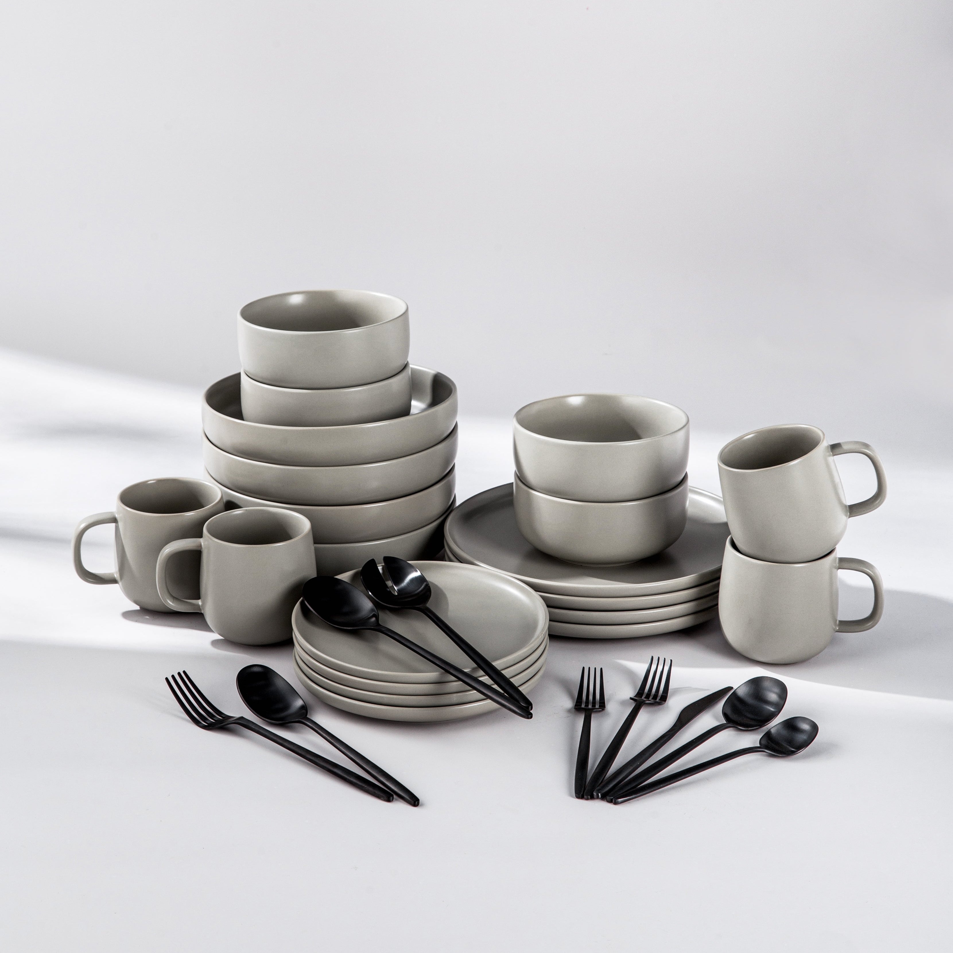 Ultimate Dinnerware Set-JAZZUPCO-Matte Dove Gray-Minimalist Flatware 2.0-Matte Black-JAZZUPCO