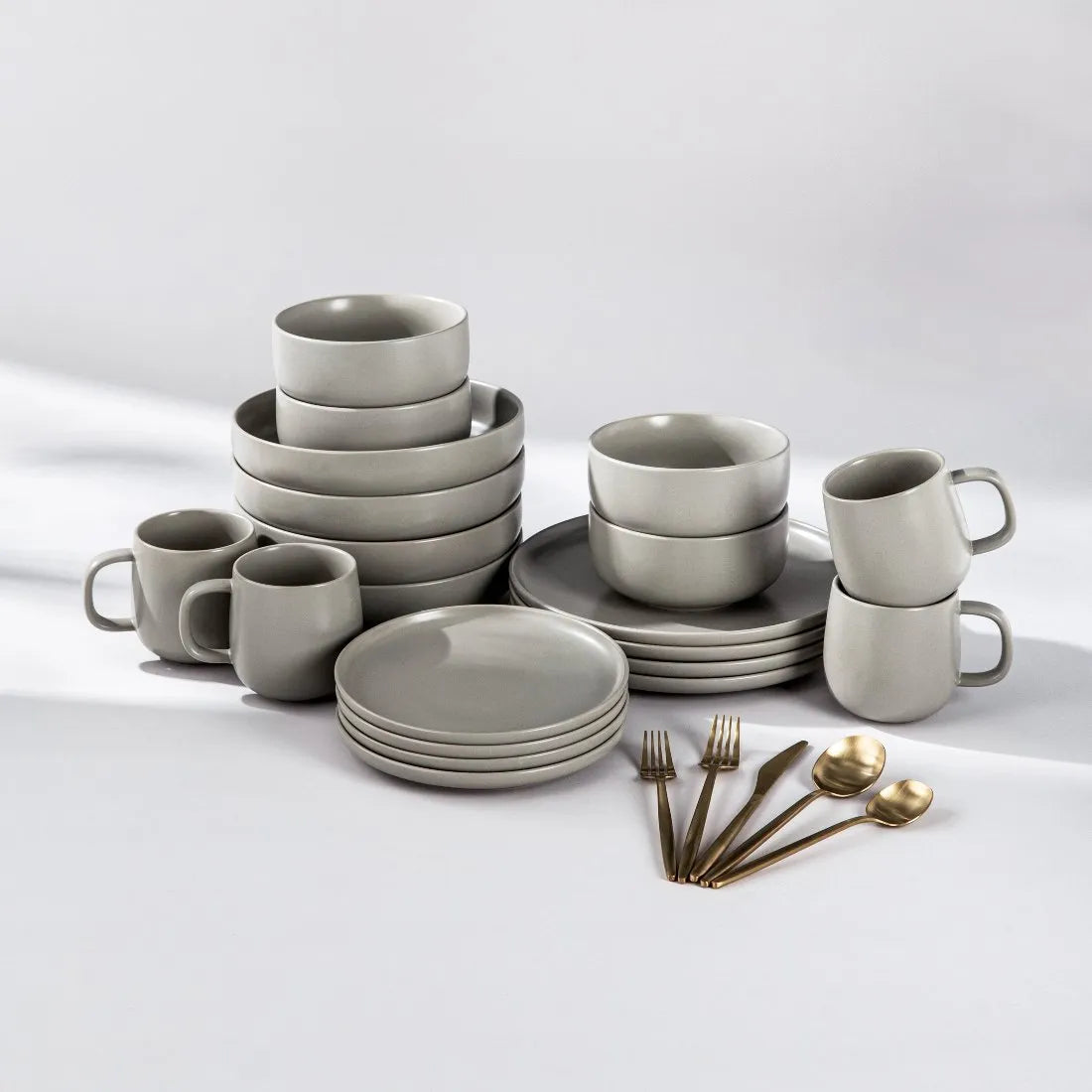 Dinnerware Set Bundle-JAZZUPCO-Matte Dove Gray-Minimalist Flatware 2.0 - Matte Gold (4 Person Set)-JAZZUPCO