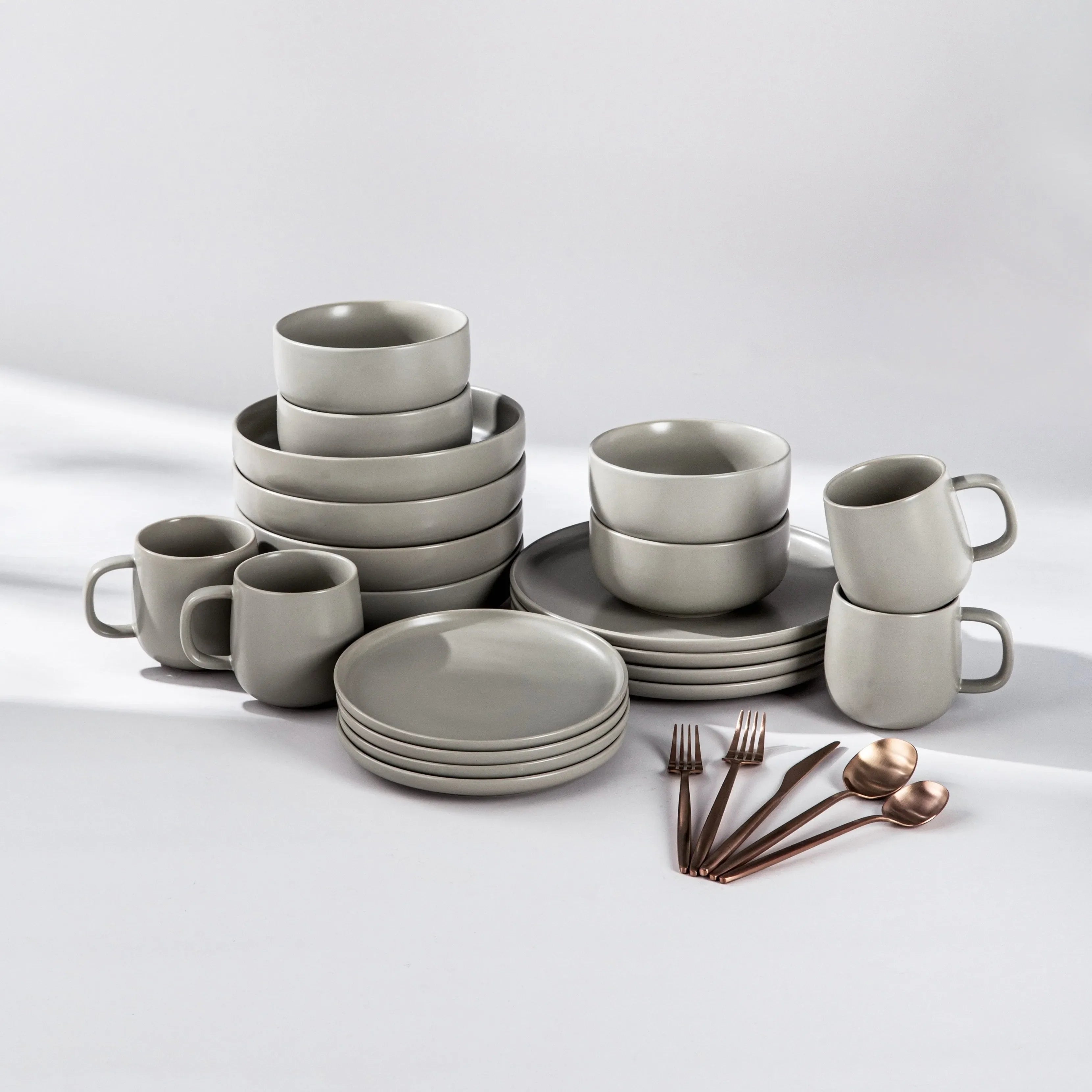 Dinnerware Set Bundle-JAZZUPCO-Matte Dove Gray-Minimalist Flatware 2.0 - Matte Rose Gold (4 Person Set)-JAZZUPCO