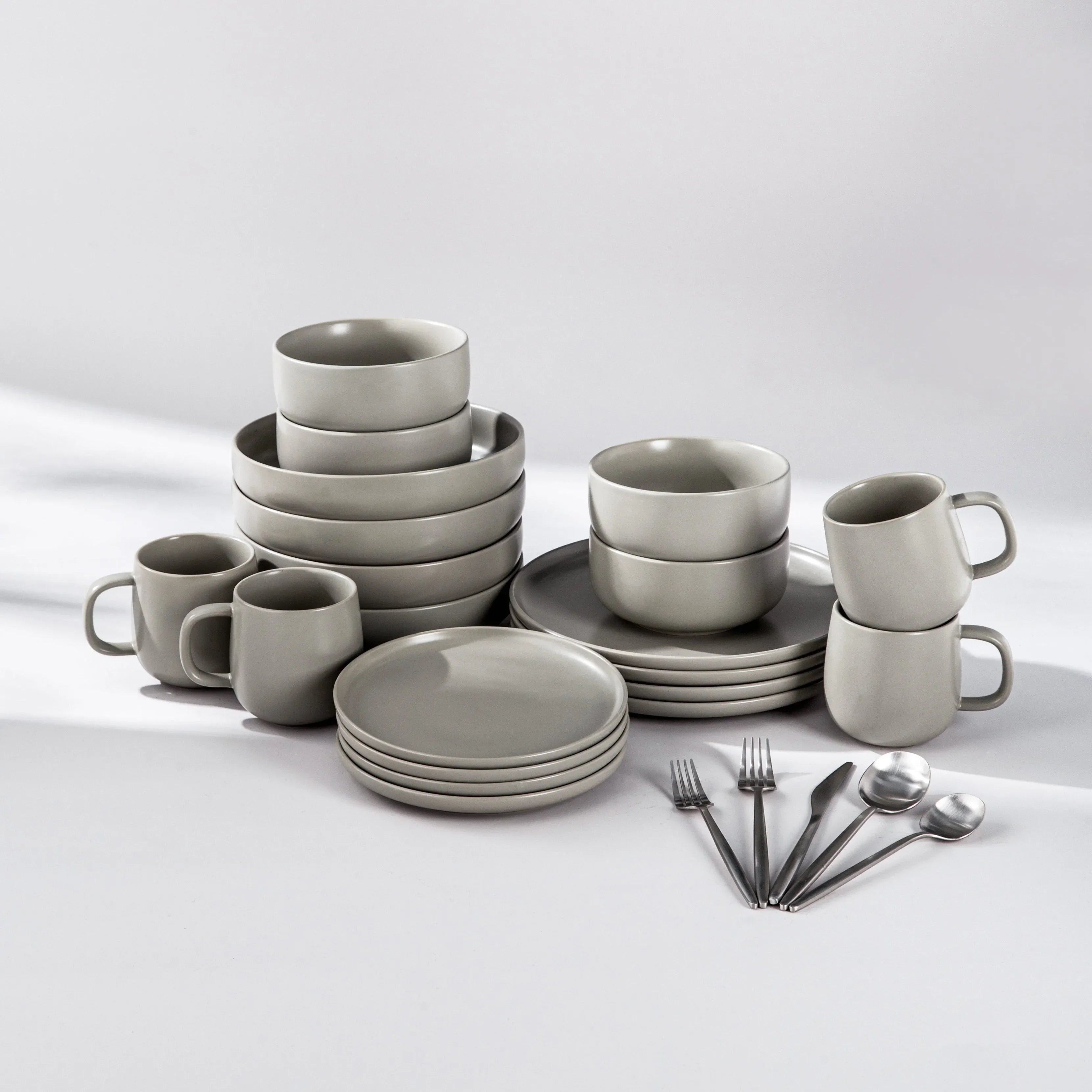 Dinnerware Set Bundle-JAZZUPCO-Matte Dove Gray-Minimalist Flatware 2.0 - Matte Silver (4 Person Set)-JAZZUPCO