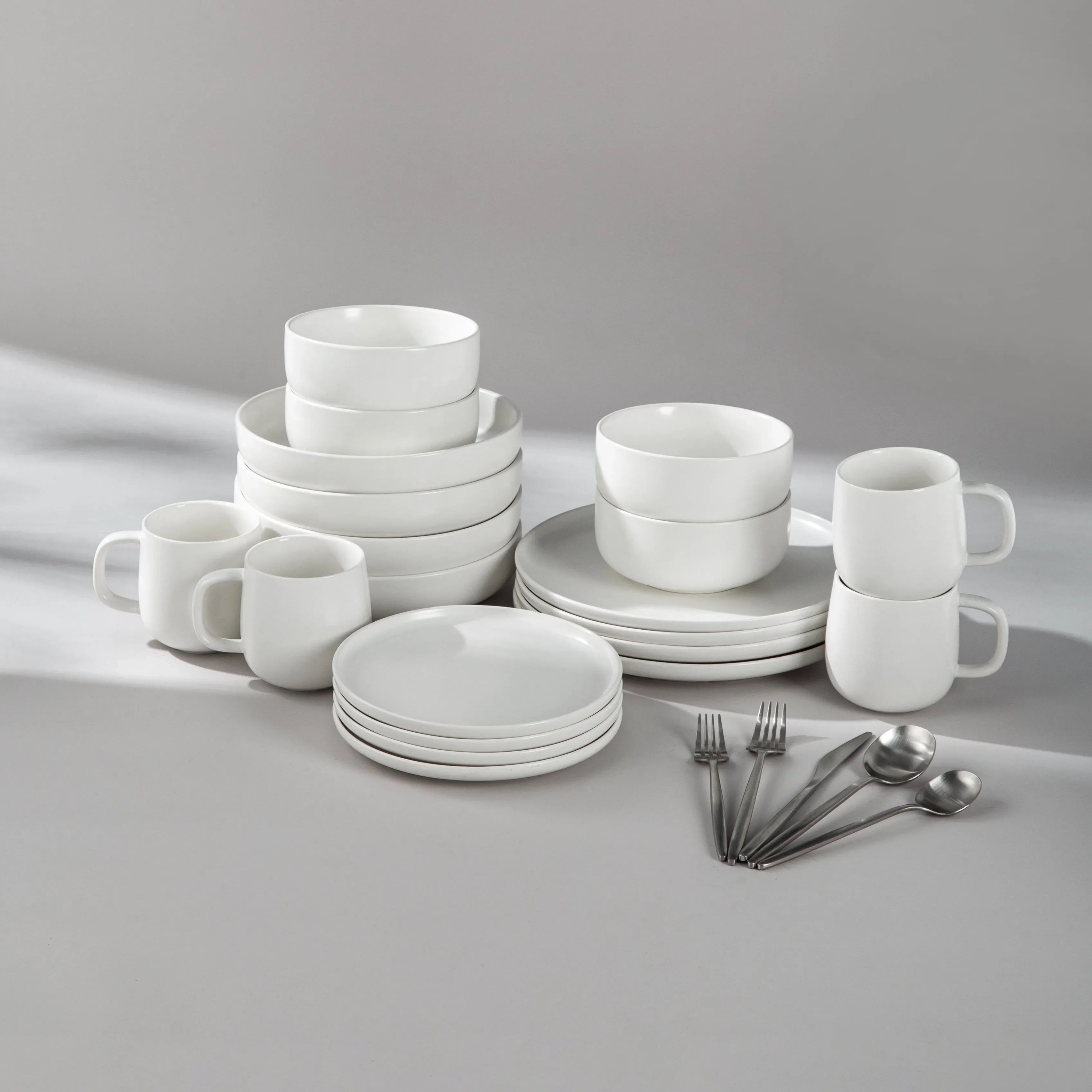 Dinnerware Set Bundle-JAZZUPCO-Matte White-Minimalist Flatware 2.0 - Matte Silver (4 Person Set)-JAZZUPCO