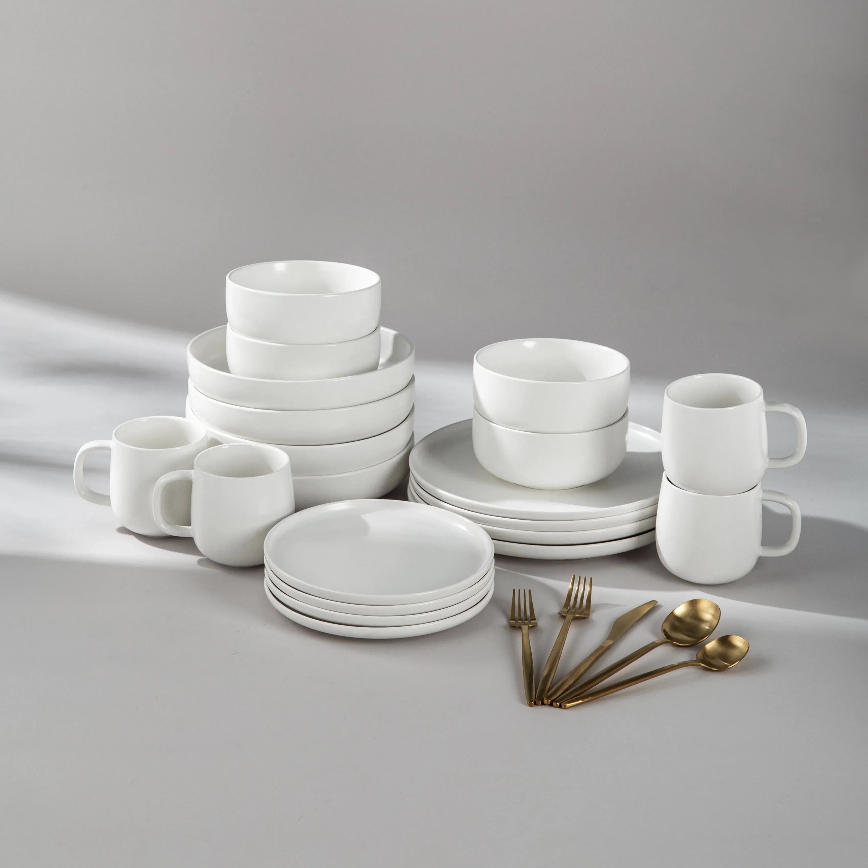 Dinnerware Set Bundle-JAZZUPCO-Matte White-Minimalist Flatware 2.0 - Matte Gold (4 Person Set)-JAZZUPCO