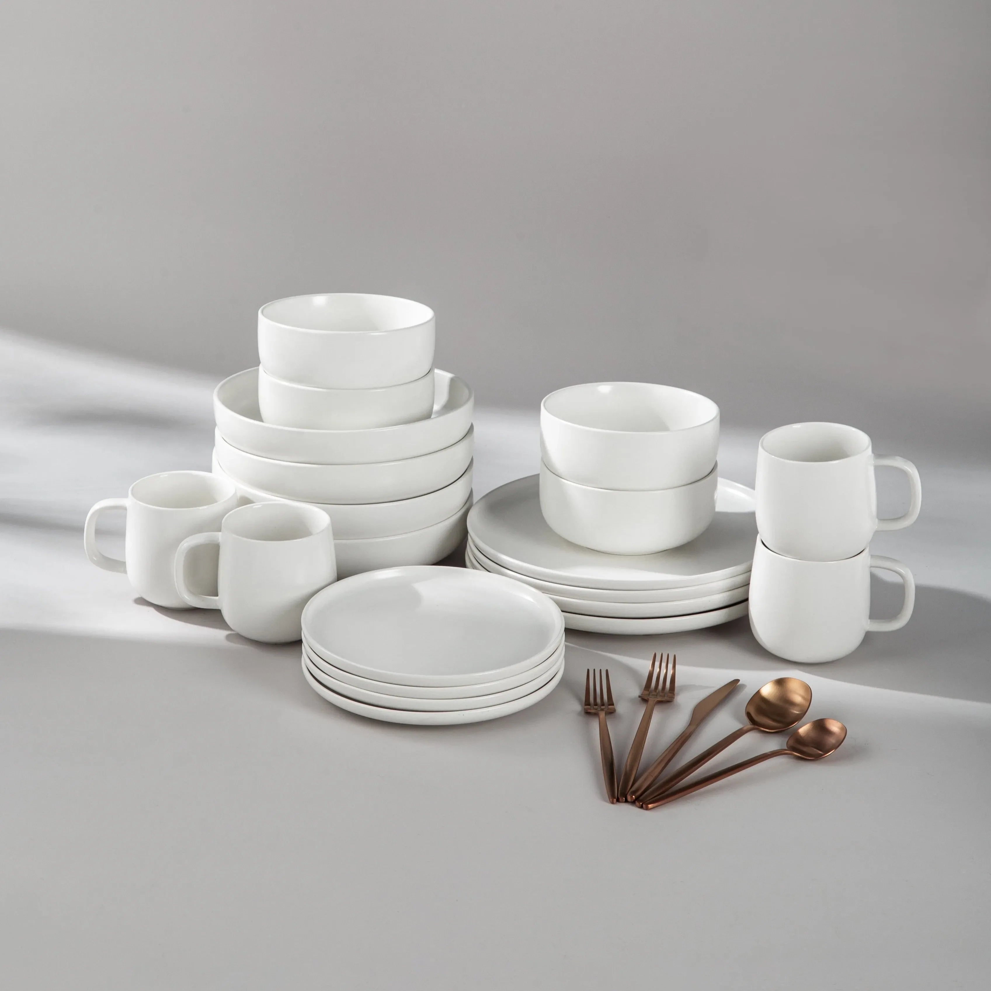 Dinnerware Set Bundle-JAZZUPCO-Matte White-Minimalist Flatware 2.0 - Matte Rose Gold (4 Person Set)-JAZZUPCO