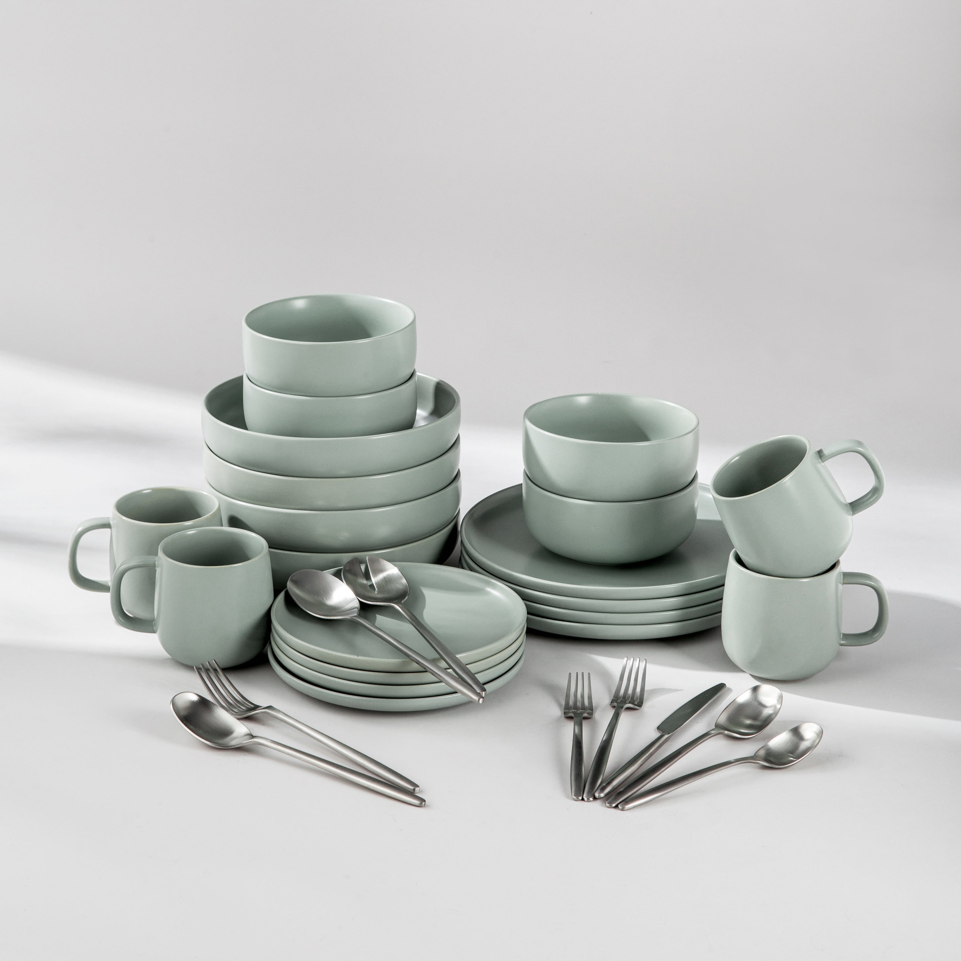 Ultimate Dinnerware Set-JAZZUPCO-Matte Sage Green-Ava Flatware-Matte Silver-JAZZUPCO