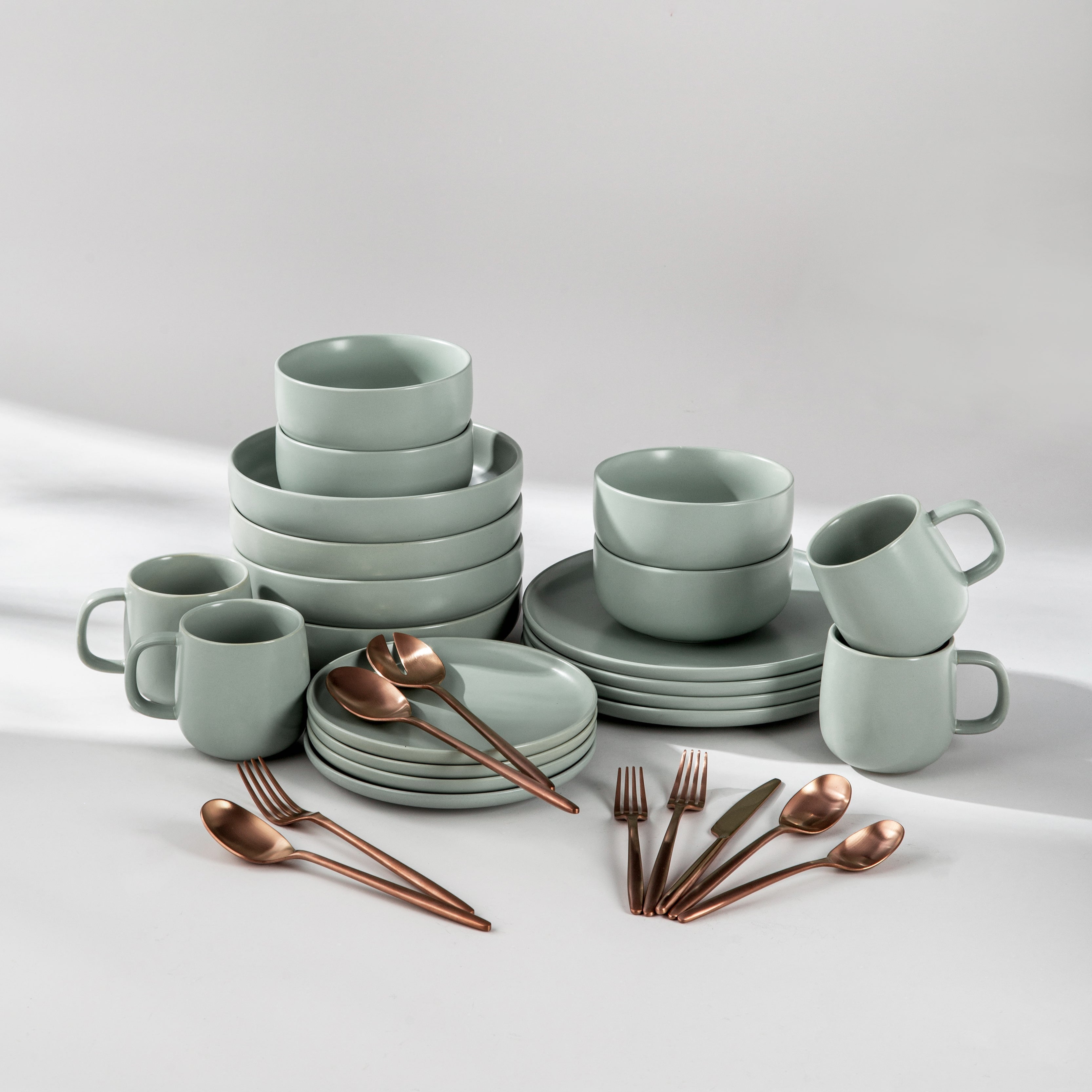Ultimate Dinnerware Set-JAZZUPCO-Matte Sage Green-Ava Flatware-Matte Rose Gold-JAZZUPCO