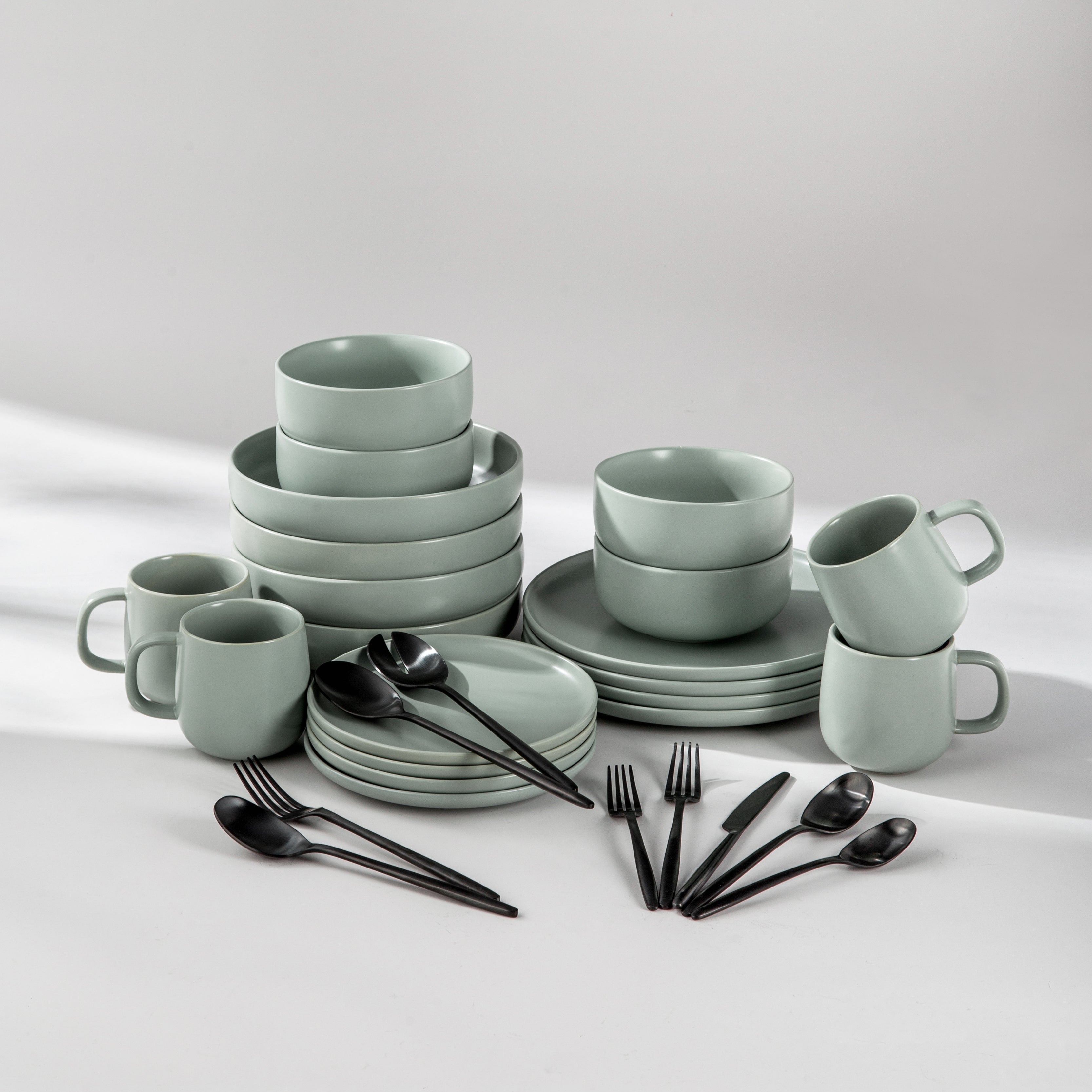 Ultimate Dinnerware Set-JAZZUPCO-Matte Sage Green-Ava Flatware-Matte Black-JAZZUPCO