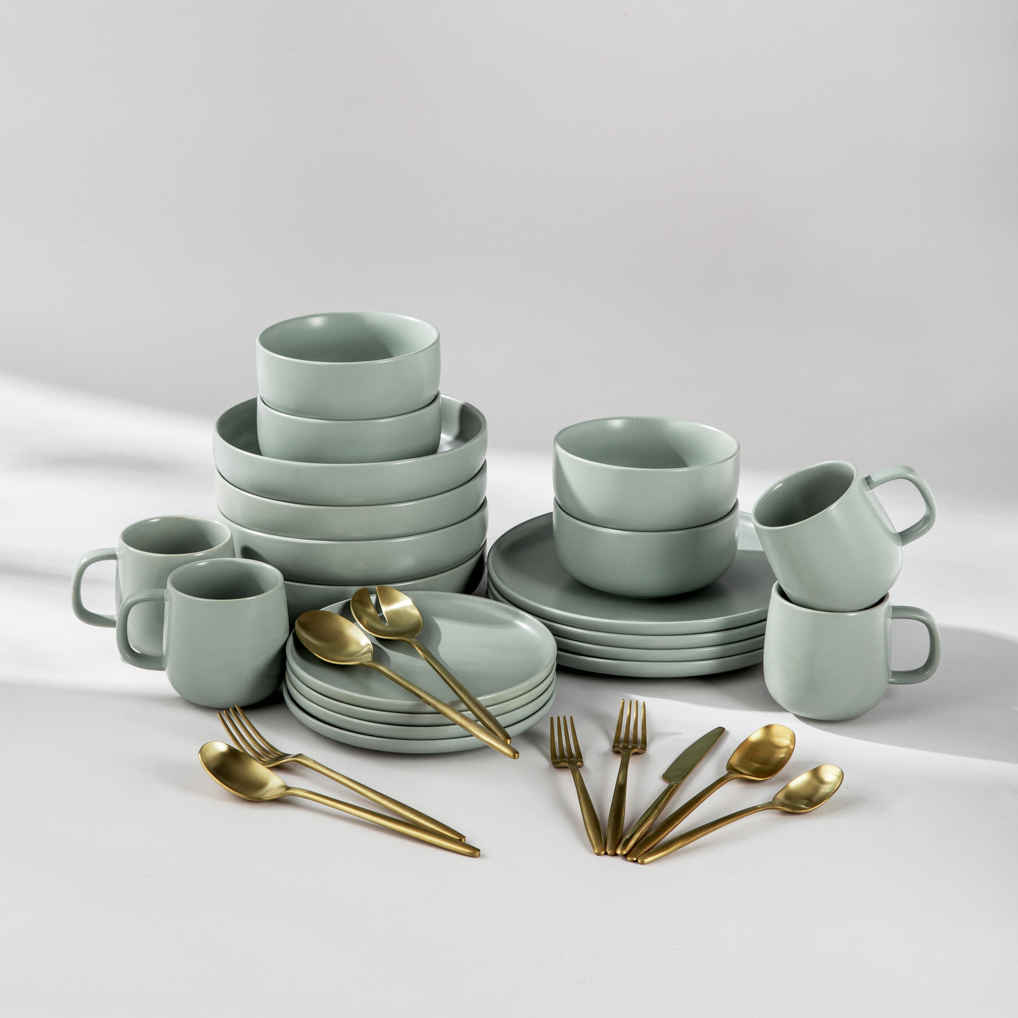 Ultimate Dinnerware Set-JAZZUPCO-Matte Sage Green-Ava Flatware-Matte Gold-JAZZUPCO