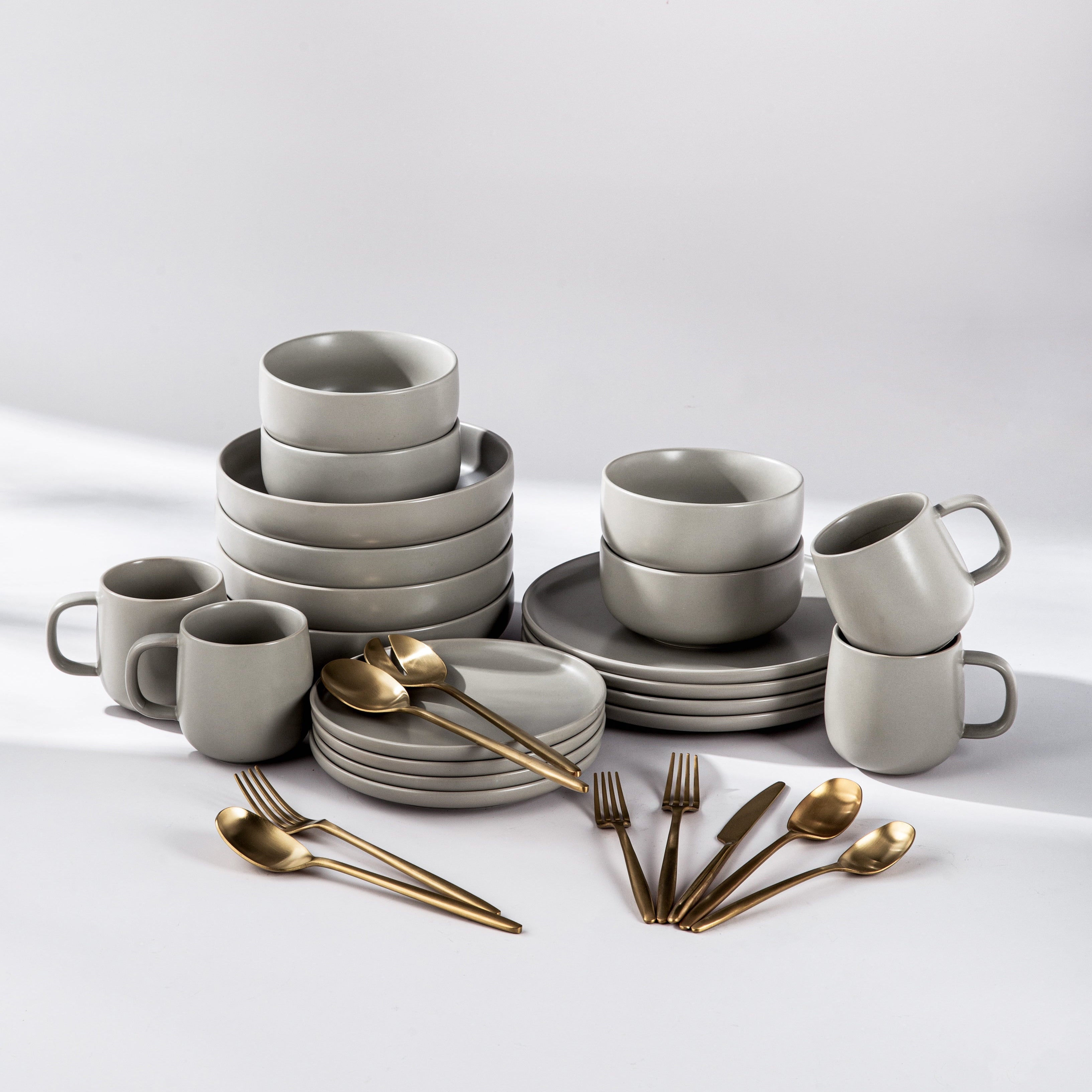 Ultimate Dinnerware Set-JAZZUPCO-Matte Dove Gray-Ava Flatware-Matte Gold-JAZZUPCO