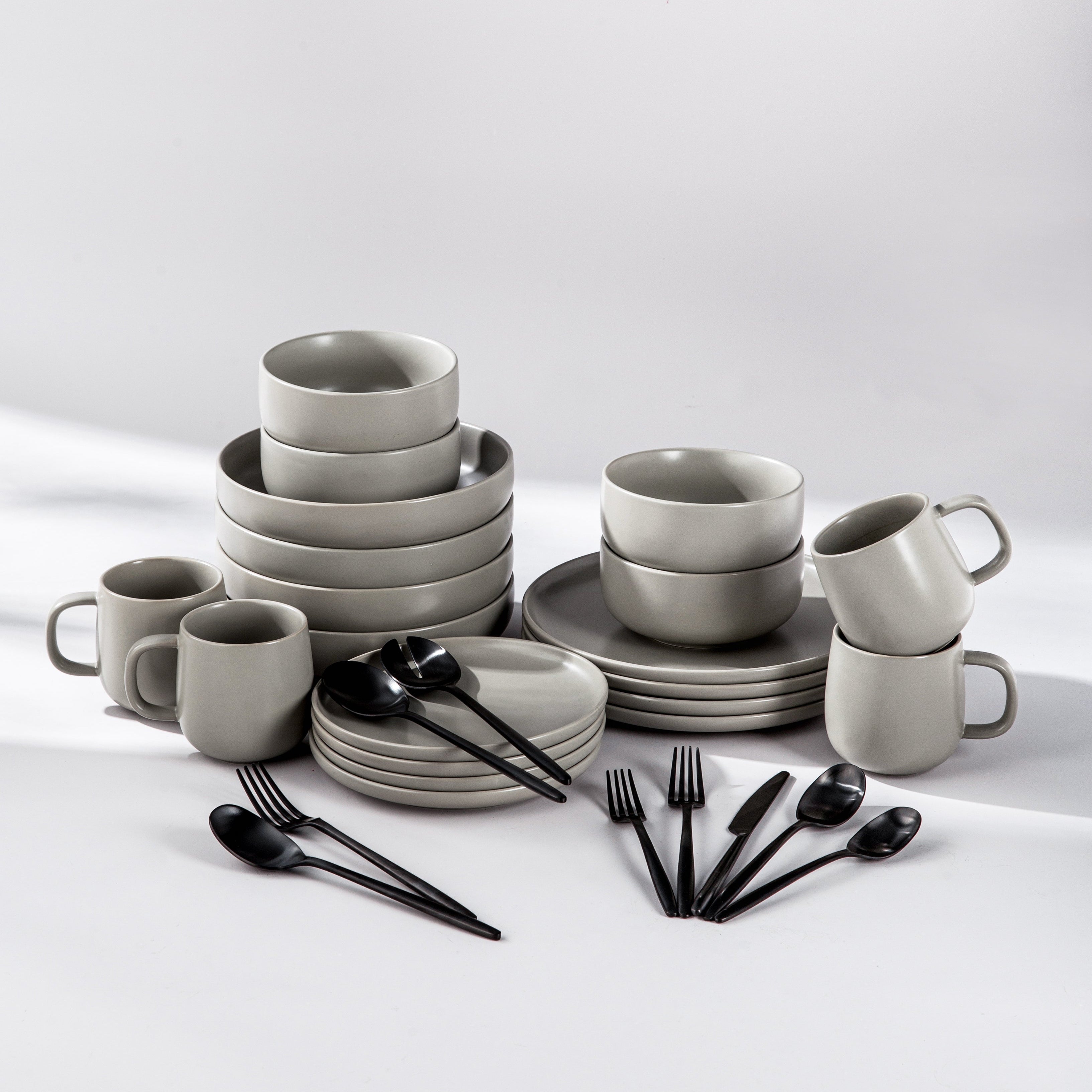 Ultimate Dinnerware Set-JAZZUPCO-Matte Dove Gray-Ava Flatware-Matte Black-JAZZUPCO