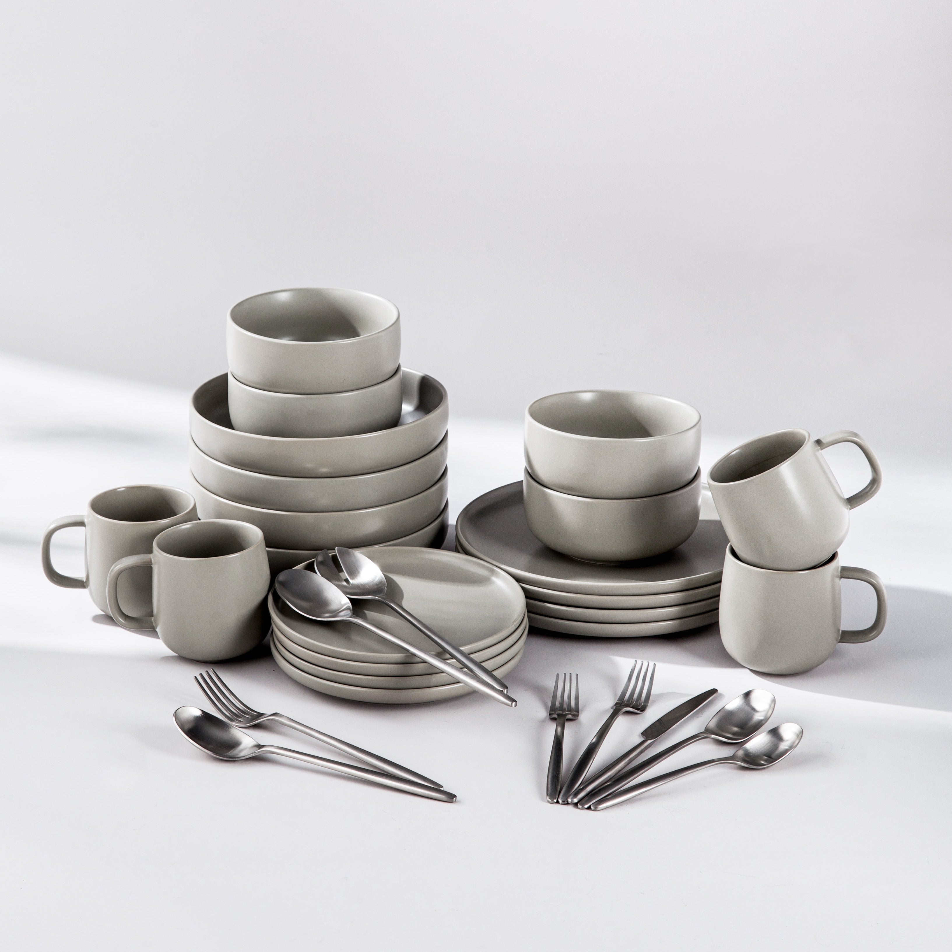 Ultimate Dinnerware Set-JAZZUPCO-Matte Dove Gray-Ava Flatware-Matte Silver-JAZZUPCO