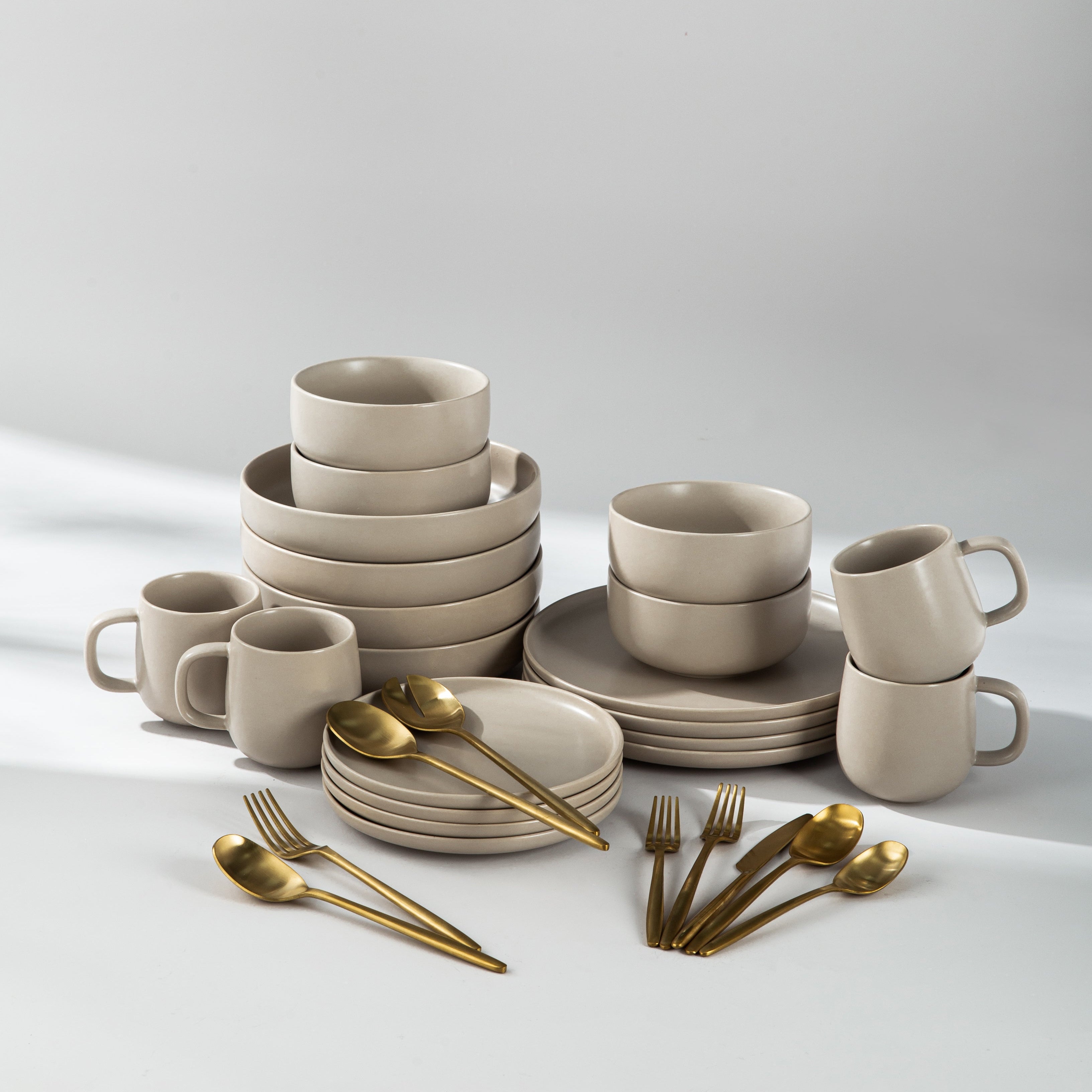 Ultimate Dinnerware Set-JAZZUPCO-Matte Taupe-Ava Flatware-Matte Gold-JAZZUPCO