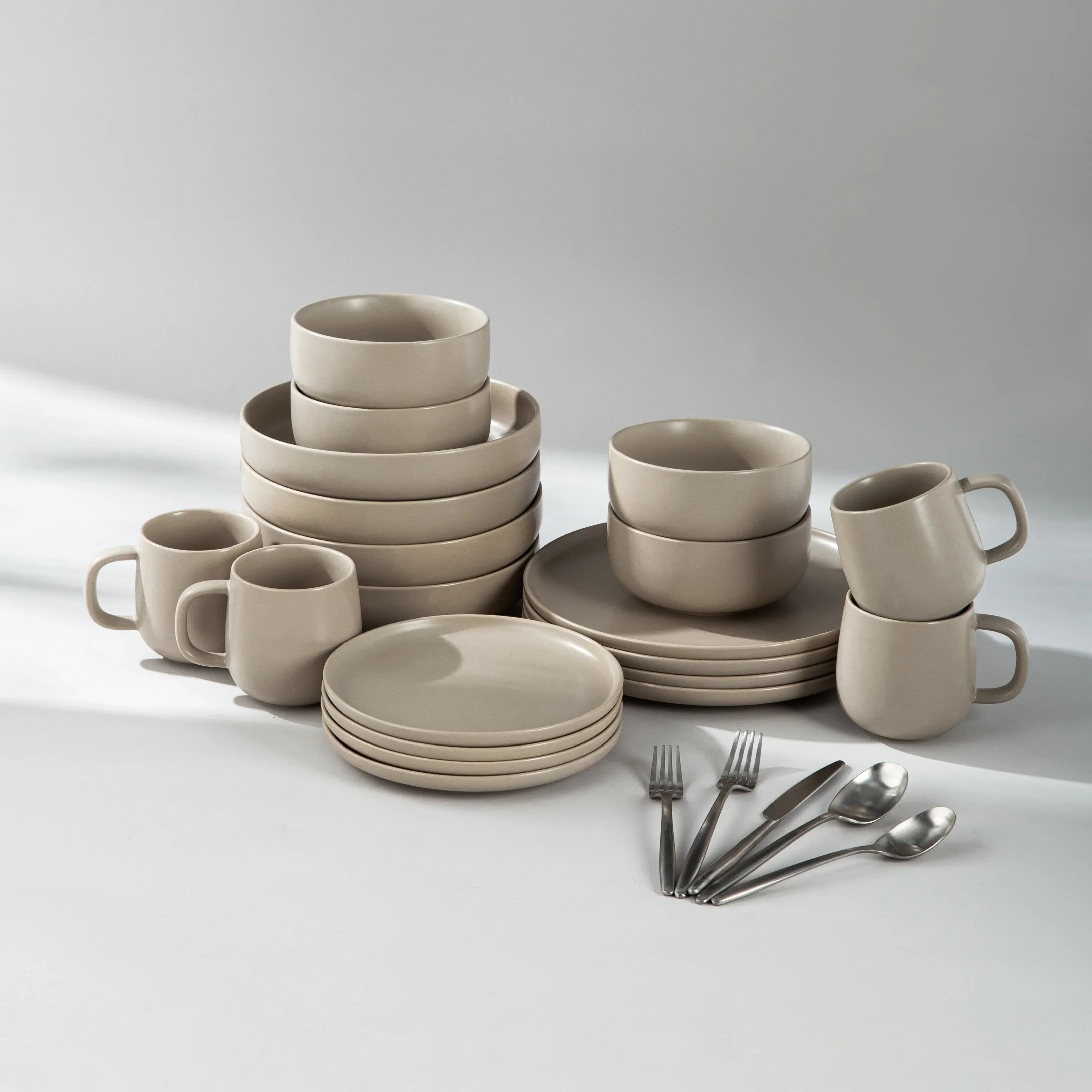 Dinnerware Set Bundle-JAZZUPCO-Matte Taupe-Ava Flatware - Matte Silver (4 Person Set)-JAZZUPCO