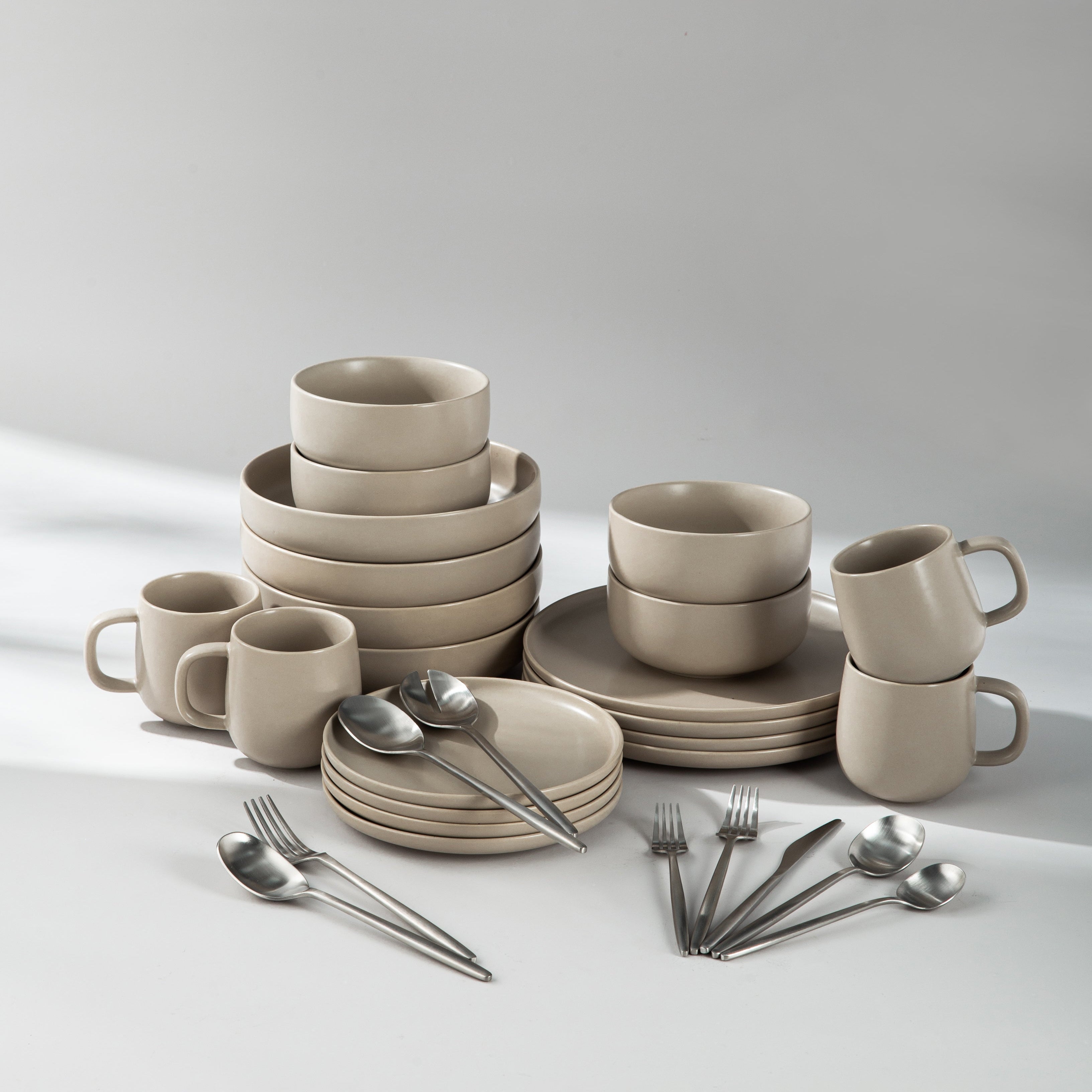 Ultimate Dinnerware Set-JAZZUPCO-Matte Taupe-Minimalist Flatware 2.0-Matte Silver-JAZZUPCO