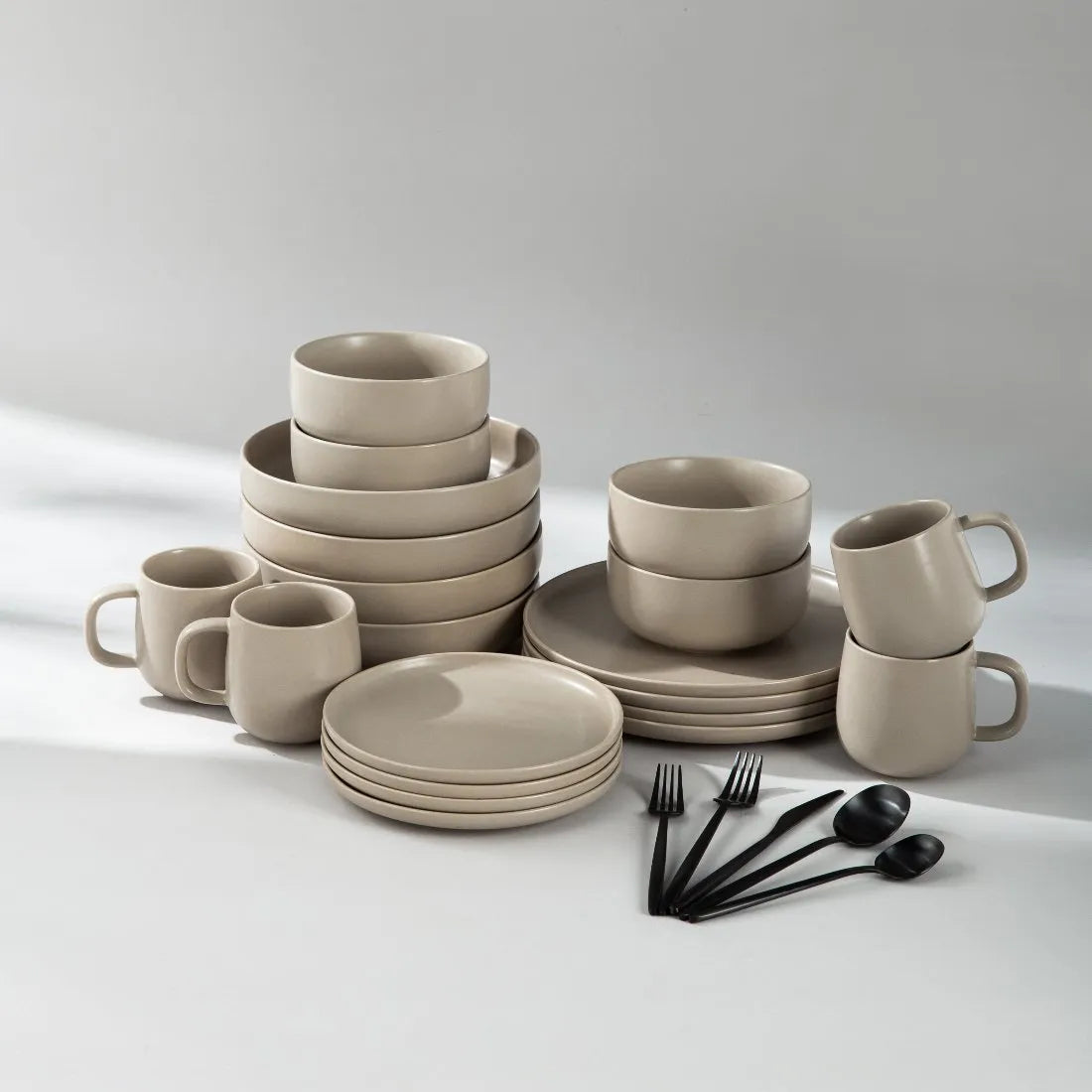 Dinnerware Set Bundle-JAZZUPCO-Matte Taupe-Minimalist Flatware 2.0 - Matte Black (4 Person Set)-JAZZUPCO