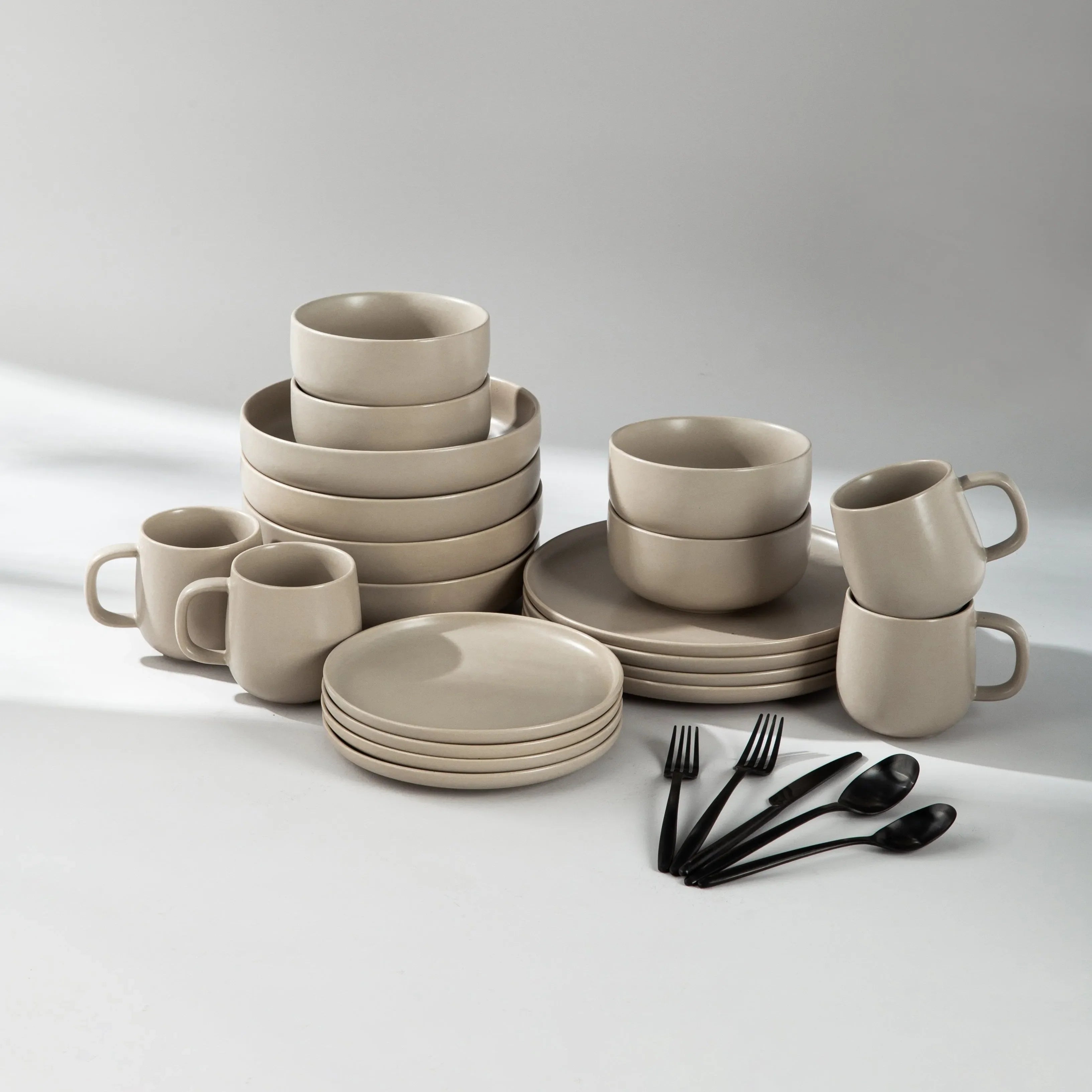 Dinnerware Set Bundle-JAZZUPCO-Matte Taupe-Ava Flatware - Matte Black (4 Person Set)-JAZZUPCO