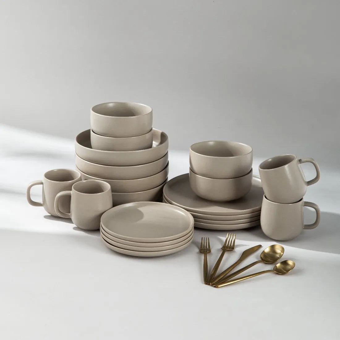 Dinnerware Set Bundle-JAZZUPCO-Matte Taupe-Minimalist Flatware 2.0 - Matte Gold (4 Person Set)-JAZZUPCO