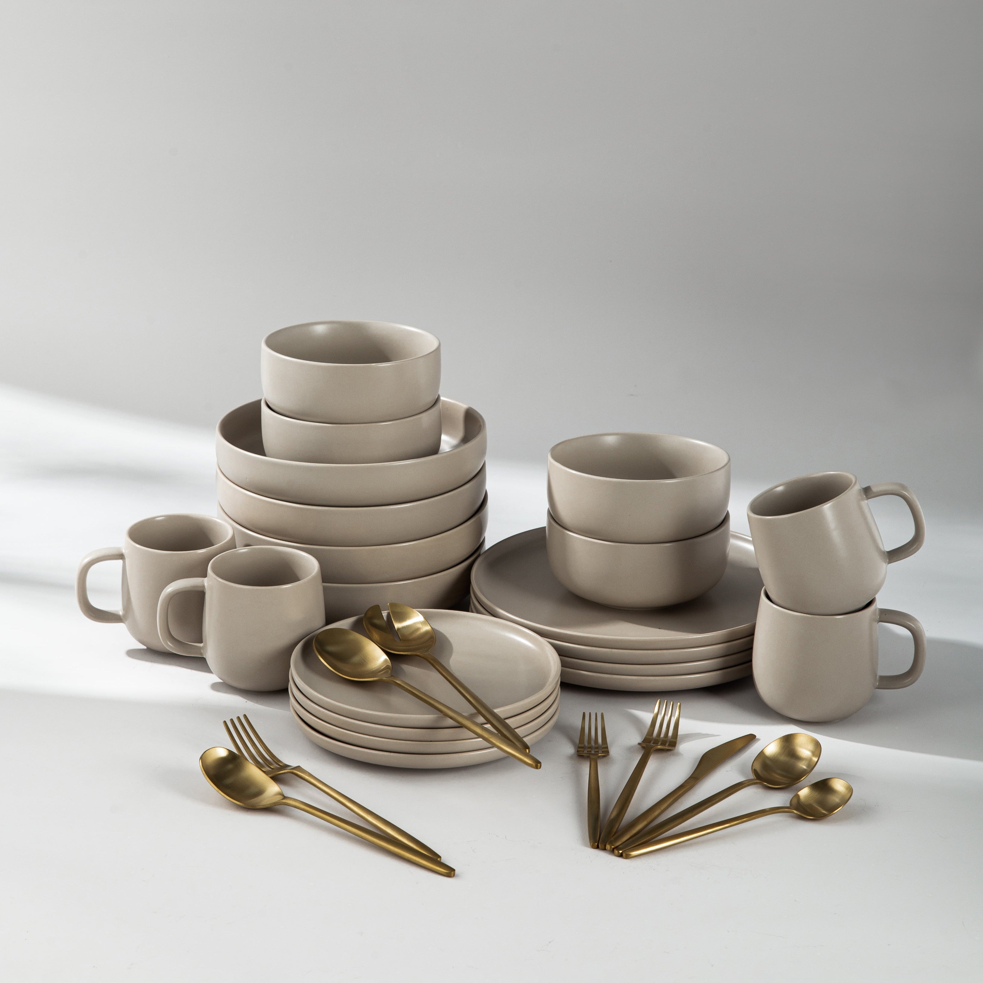 Ultimate Dinnerware Set-JAZZUPCO-Matte Taupe-Minimalist Flatware 2.0-Matte Gold-JAZZUPCO