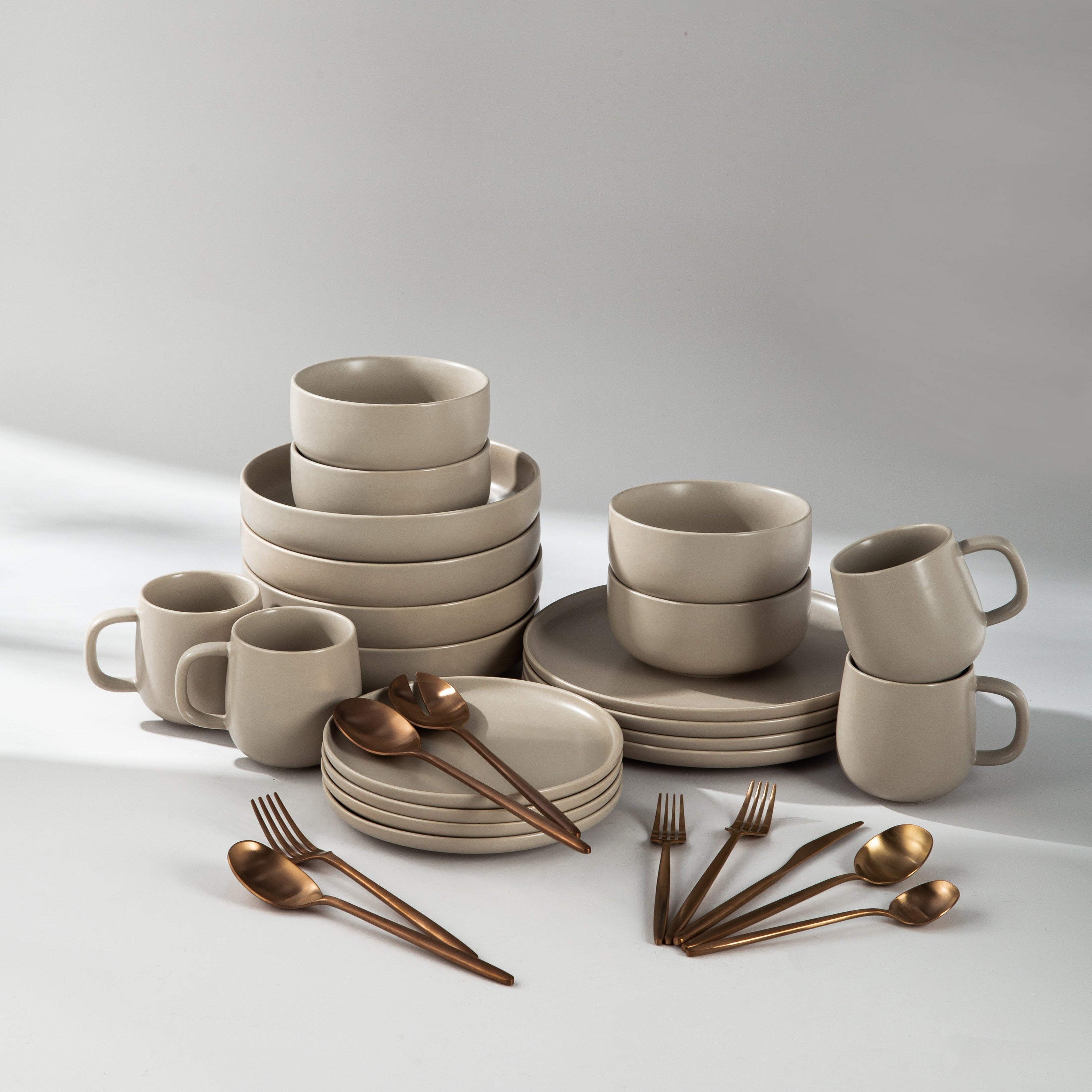 Ultimate Dinnerware Set-JAZZUPCO-Matte Taupe-Ava Flatware-Matte Rose Gold-JAZZUPCO