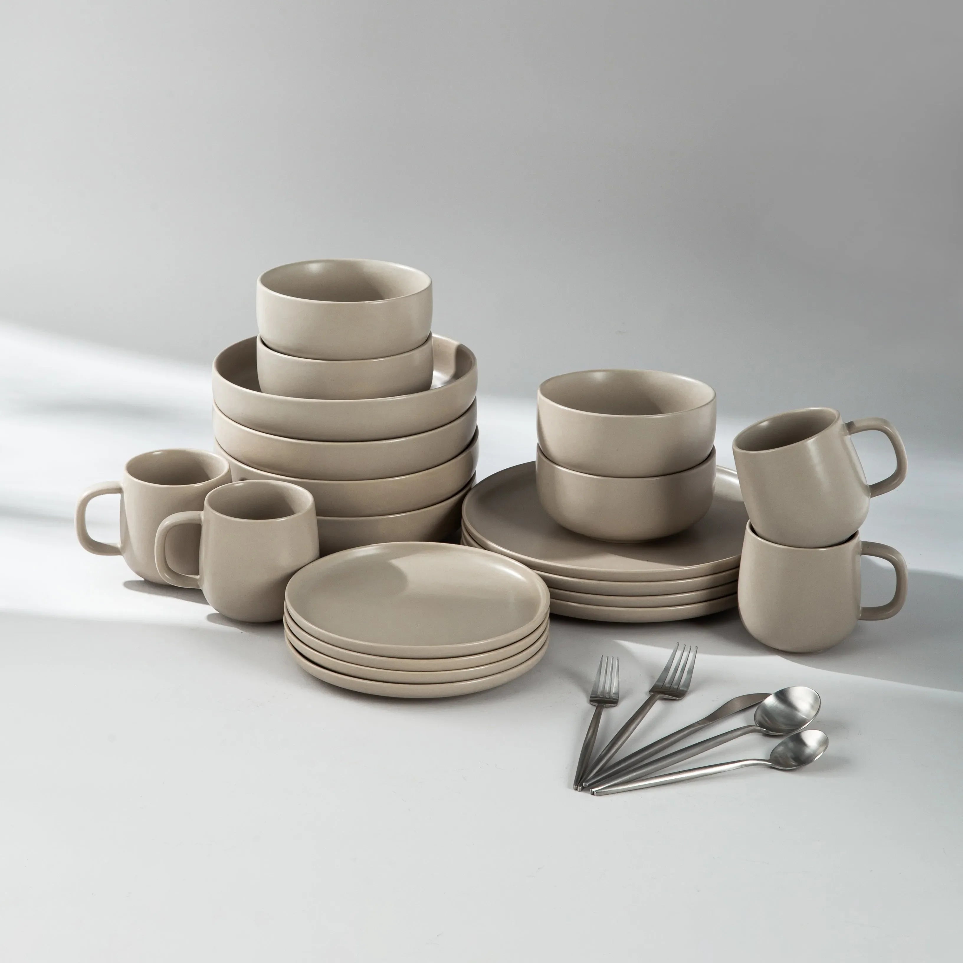 Dinnerware Set Bundle-JAZZUPCO-Matte Taupe-Minimalist Flatware - Matte Silver (4 Person Set)-JAZZUPCO