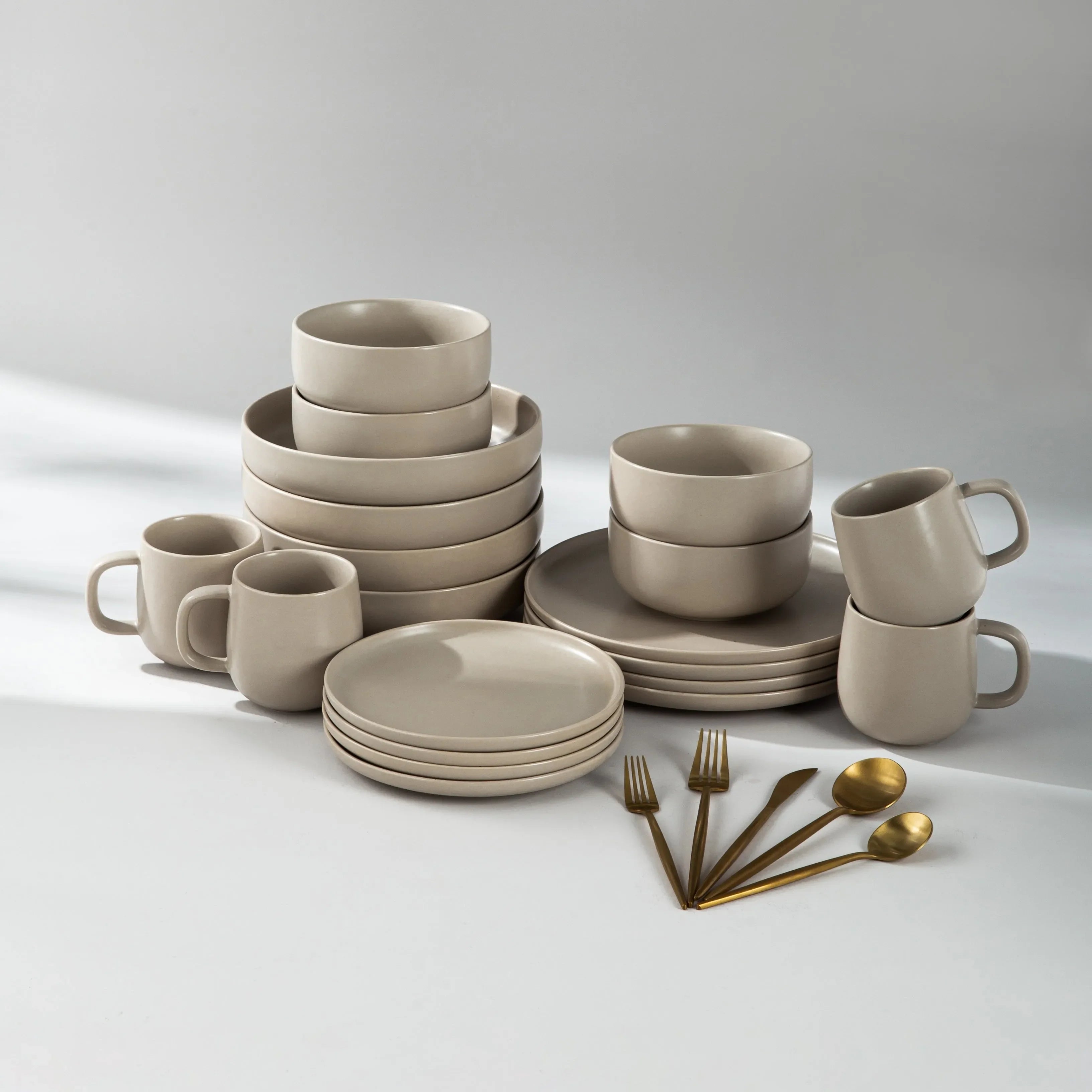 Dinnerware Set Bundle-JAZZUPCO-Matte Taupe-Minimalist Flatware - Matte Gold (4 Person Set)-JAZZUPCO