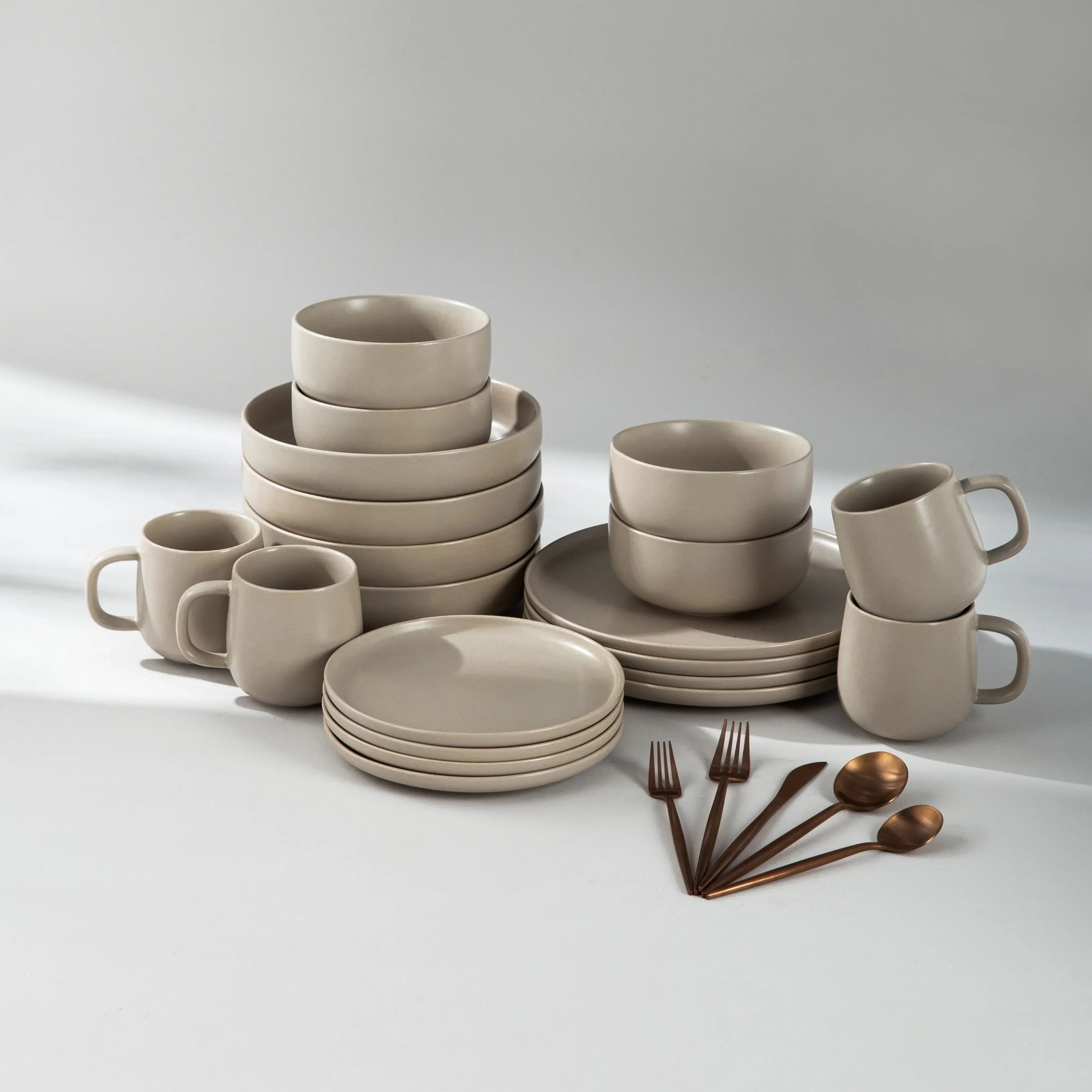 Dinnerware Set Bundle-JAZZUPCO-Matte Taupe-Minimalist Flatware - Matte Rose Gold (4 Person Set)-JAZZUPCO