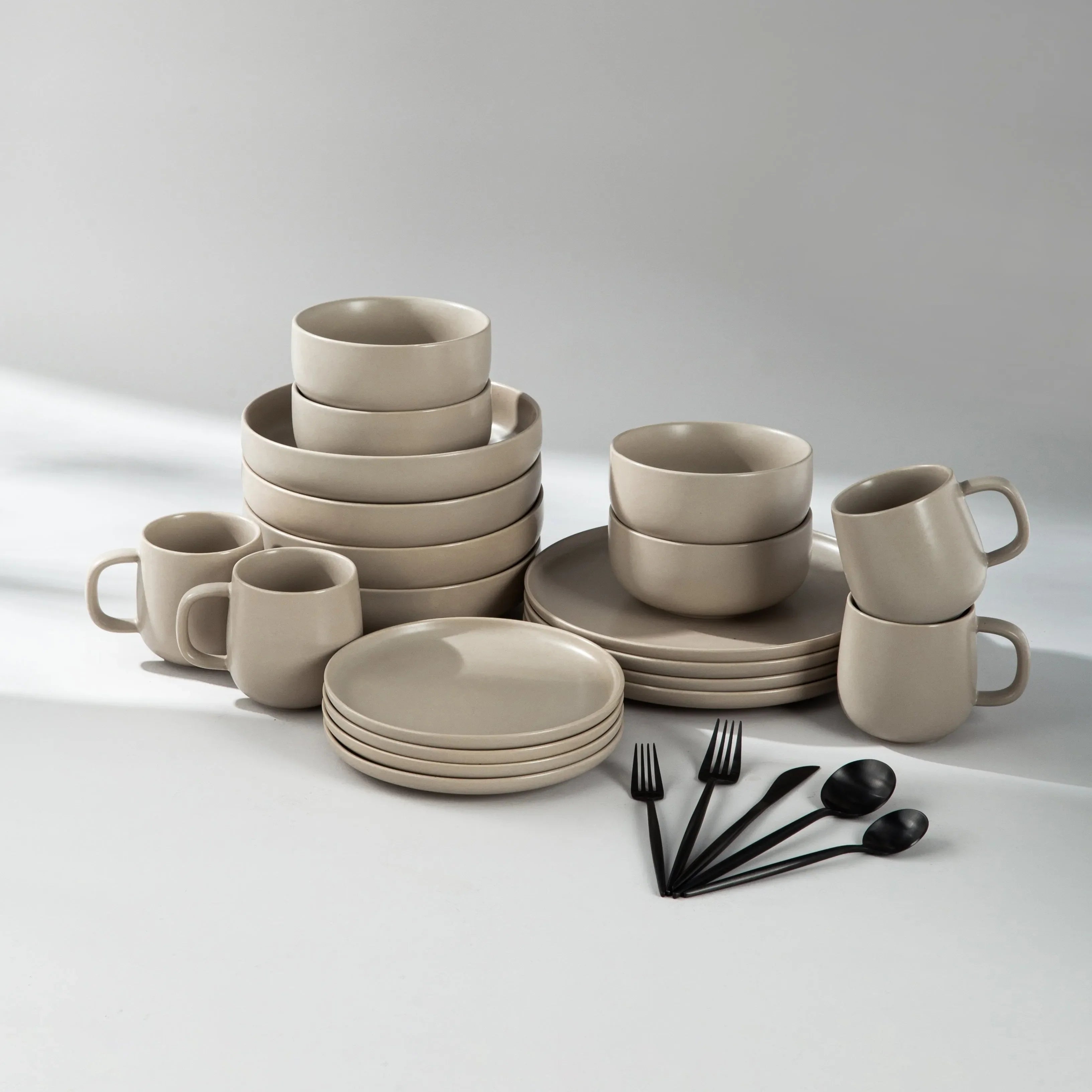 Dinnerware Set Bundle-JAZZUPCO-Matte Taupe-Minimalist Flatware - Matte Black (4 Person Set)-JAZZUPCO