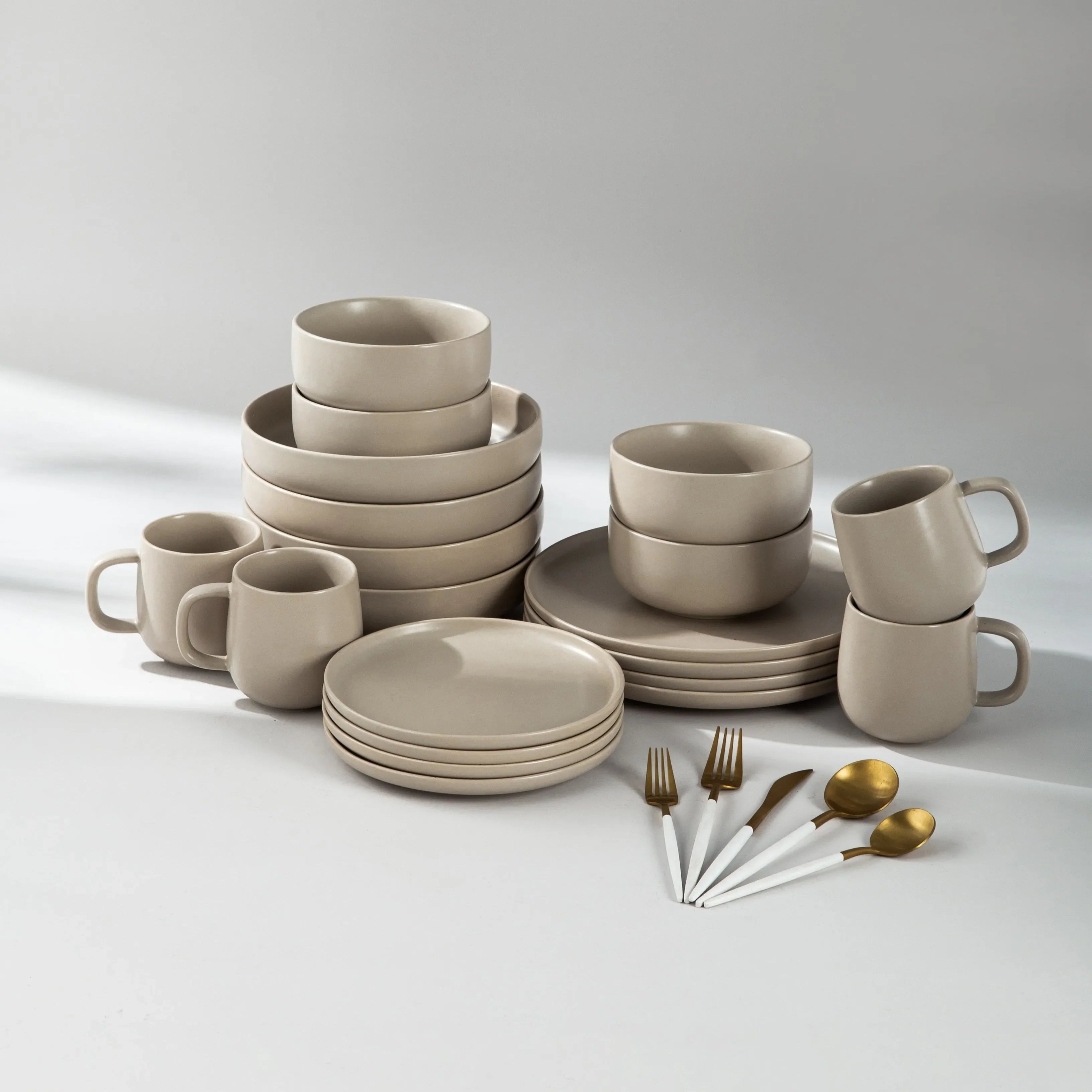 Dinnerware Set Bundle-JAZZUPCO-Matte Taupe-French Flatware - White & Gold (4 Person Set)-JAZZUPCO