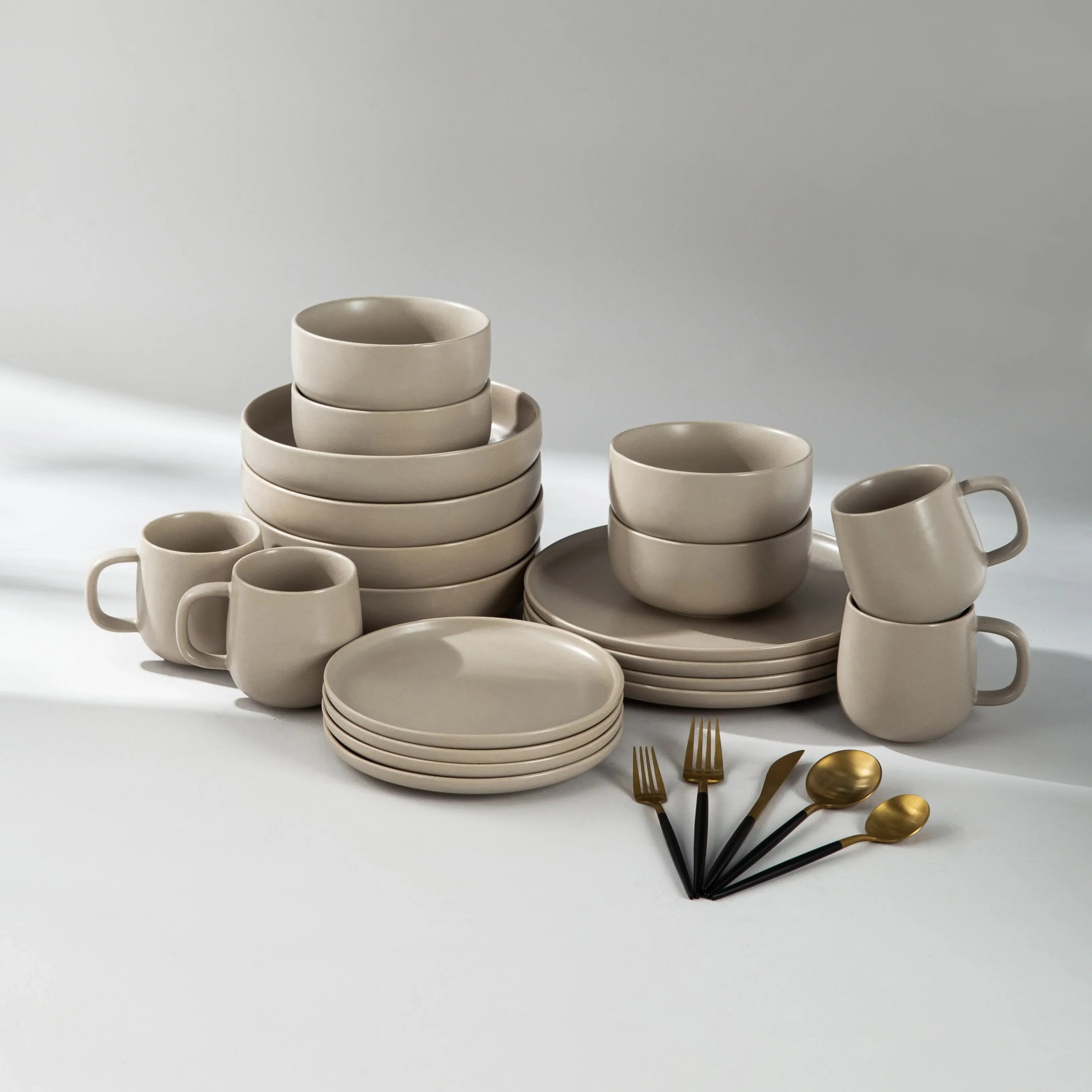 Dinnerware Set Bundle-JAZZUPCO-Matte Taupe-French Flatware - Black & Gold (4 Person Set)-JAZZUPCO