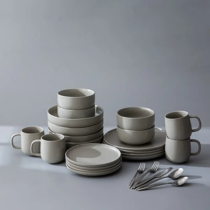 Dinnerware Set Bundle-JAZZUPCO-Matte Dove Gray-Ava Flatware - Matte Silver (4 Person Set)-JAZZUPCO