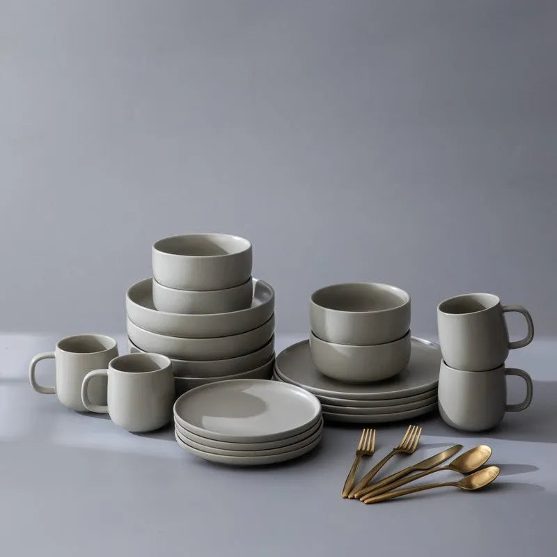 Dinnerware Set Bundle-JAZZUPCO-Matte Dove Gray-Ava Flatware - Matte Gold (4 Person Set)-JAZZUPCO