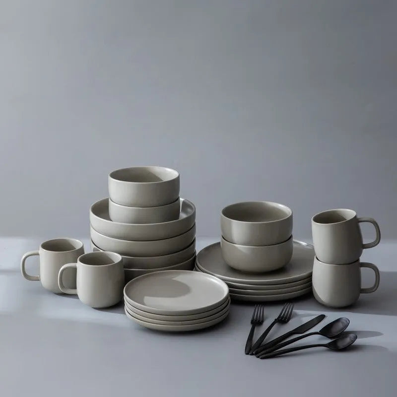 Dinnerware Set Bundle-JAZZUPCO-Matte Dove Gray-Ava Flatware - Matte Black (4 Person Set)-JAZZUPCO