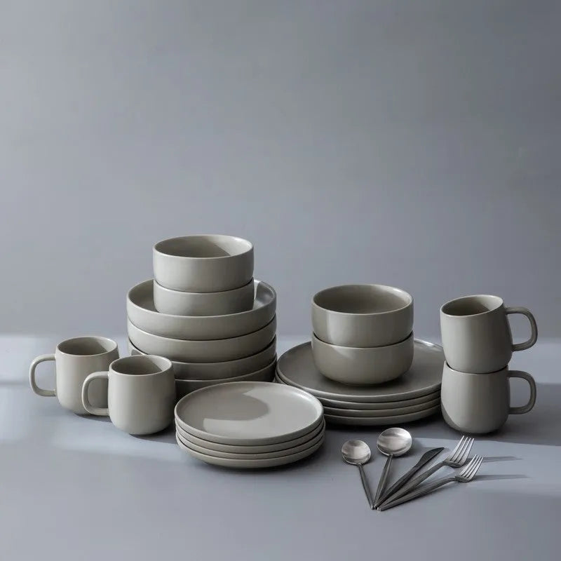 Dinnerware Set Bundle-JAZZUPCO-Matte Dove Gray-Minimalist Flatware - Matte Silver (4 Person Set)-JAZZUPCO