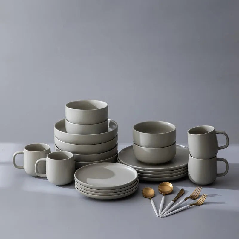 Dinnerware Set Bundle-JAZZUPCO-Matte Dove Gray-French Flatware - White & Gold (4 Person Set)-JAZZUPCO